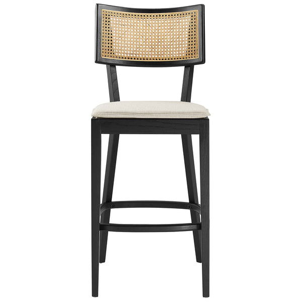 Black wood bar stool with breathable rattan back and tailored beige cushion || EEI-6820-BLK-BEI || front_studio