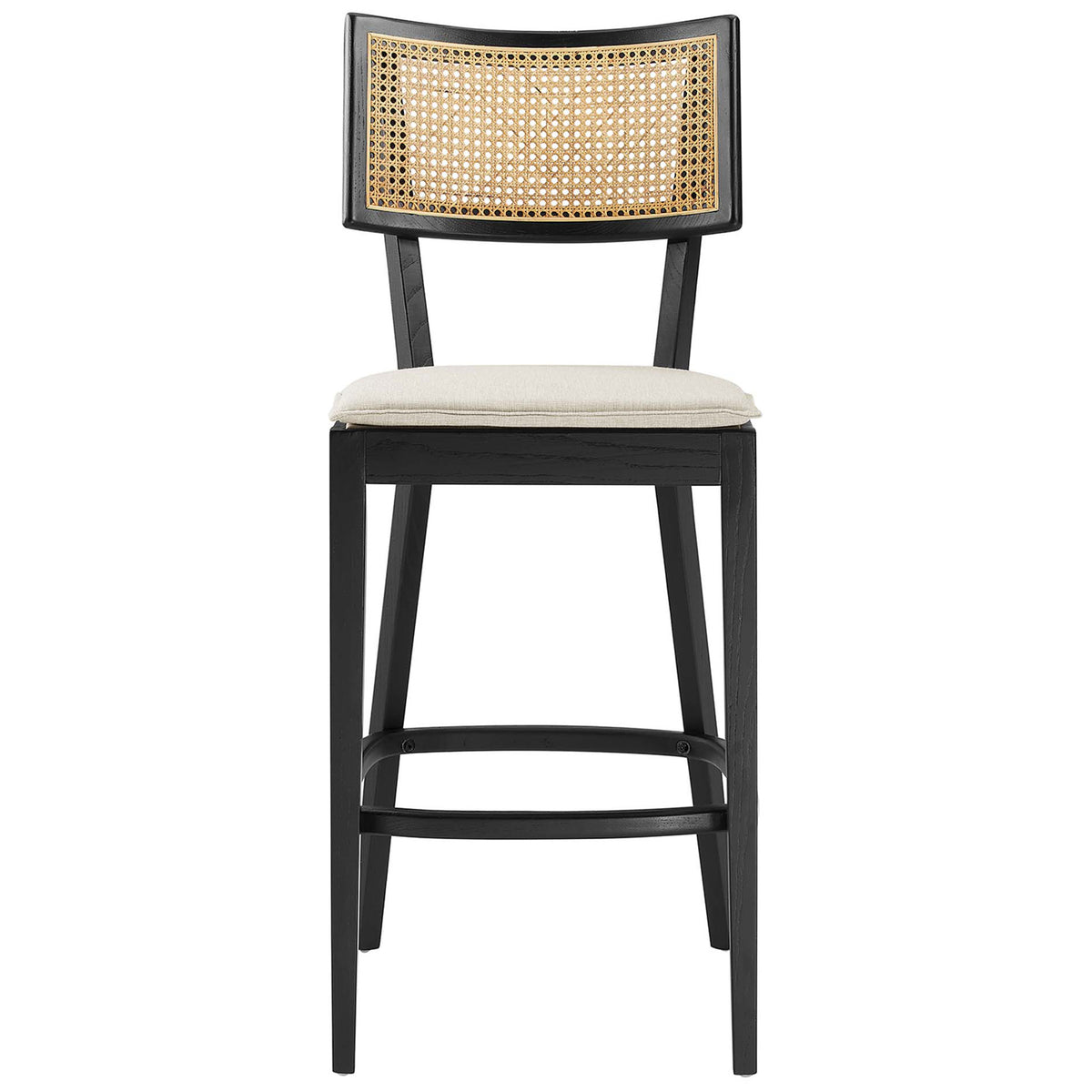 Black wood bar stool with breathable rattan back and tailored beige cushion || EEI-6820-BLK-BEI || front_studio