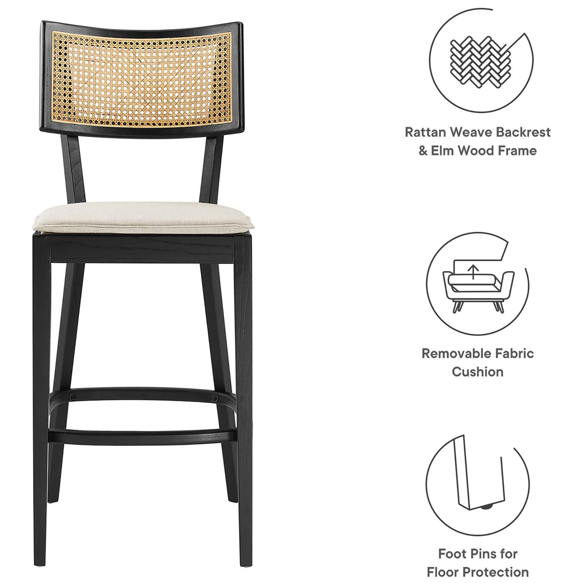 Rattan back, removable cushion cover, and non-marking feet ready for daily life || EEI-6820-BLK-BEI || callout_studio