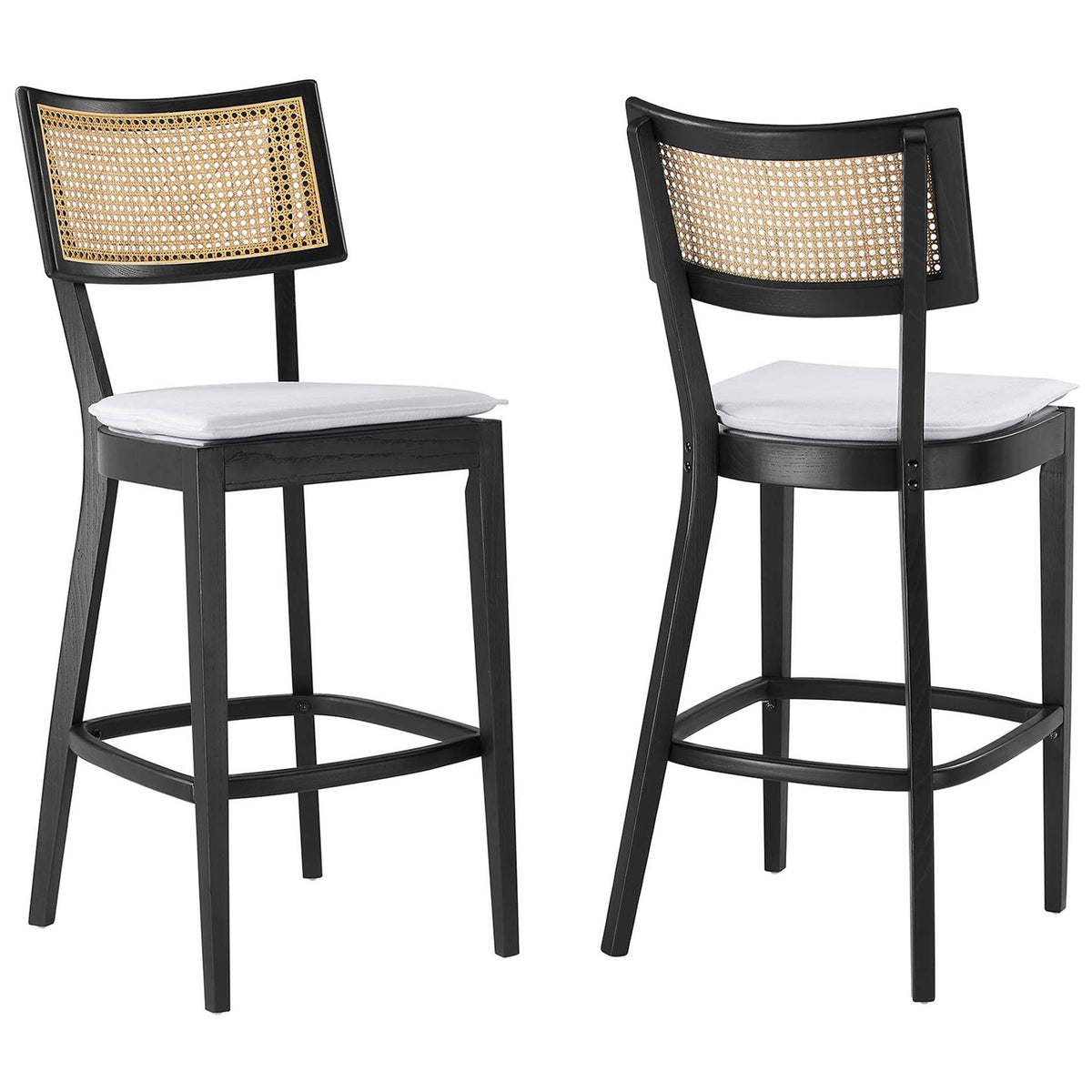 Set of two bar stools featuring natural rattan backs and crisp white cushions || EEI-6820-BLK-WHI || front_angle_multi_studio