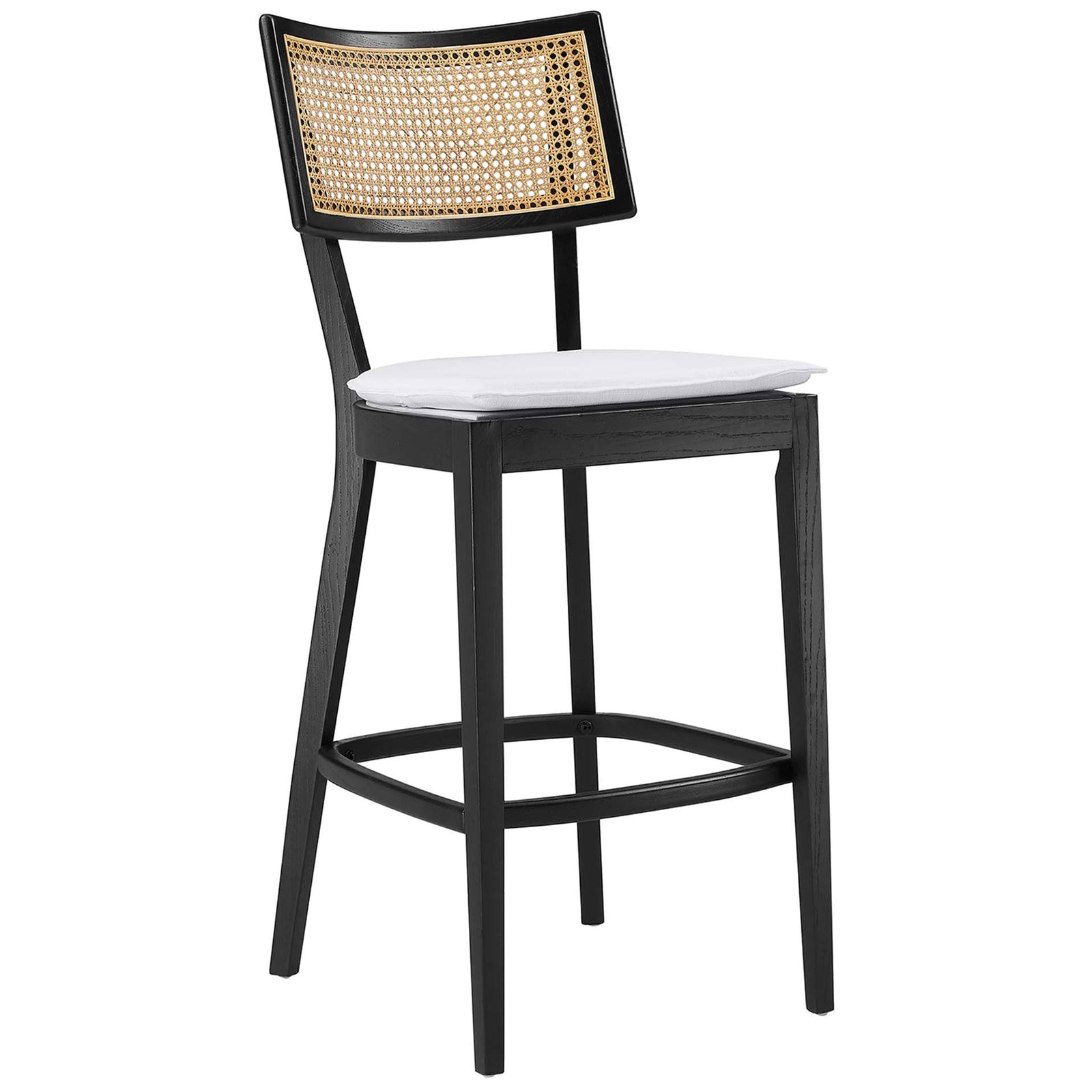 Modern bar stool blends an airy cane back with a plush French-seam seat || EEI-6820-BLK-WHI || front_angle_studio