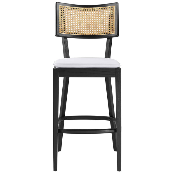 Black wood bar stool with curved rattan back and removable white cushion || EEI-6820-BLK-WHI || front_studio