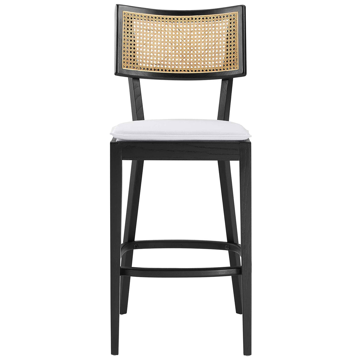Black wood bar stool with curved rattan back and removable white cushion || EEI-6820-BLK-WHI || front_studio