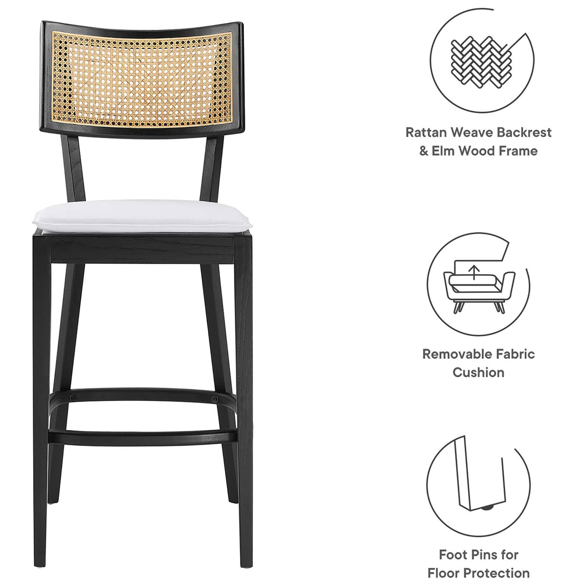 Elm wood strength, removable seat cover, and floor-friendly foot pins || EEI-6820-BLK-WHI || callout_studio