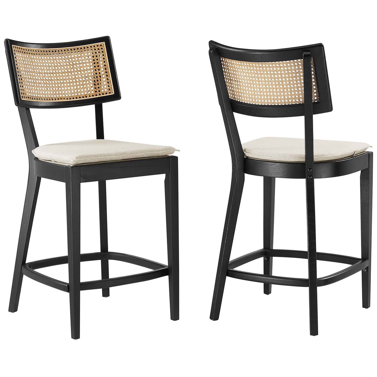 Set of two counter stools balances natural cane with a clean black finish || EEI-6821-BLK-BEI || front_angle_multi_studio