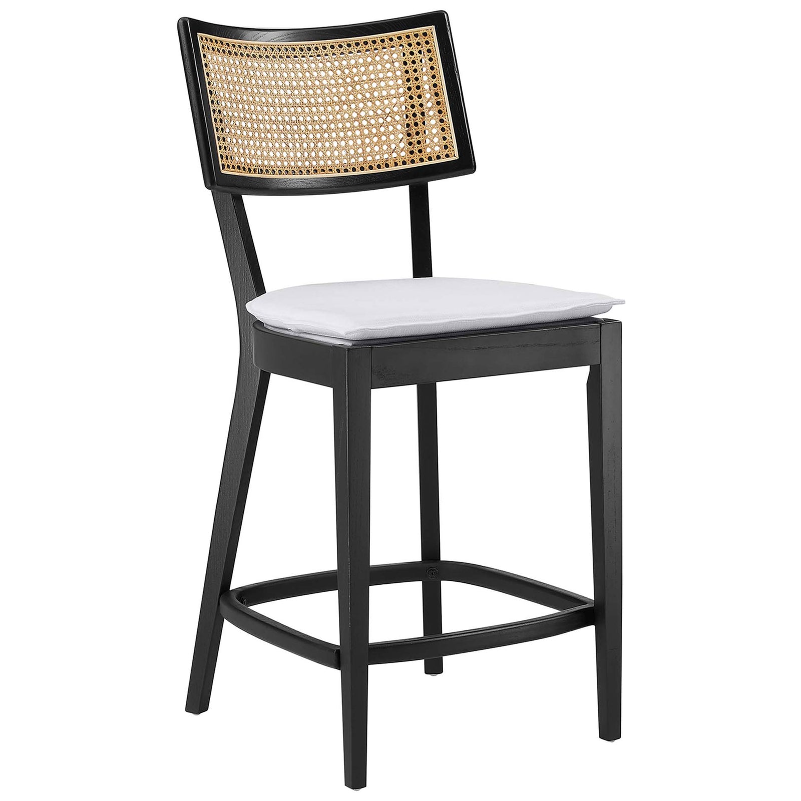 Sleek counter stool pairs a cane-style back with a plush white French-seam seat cushion || EEI-6821-BLK-WHI || front_angle_studio