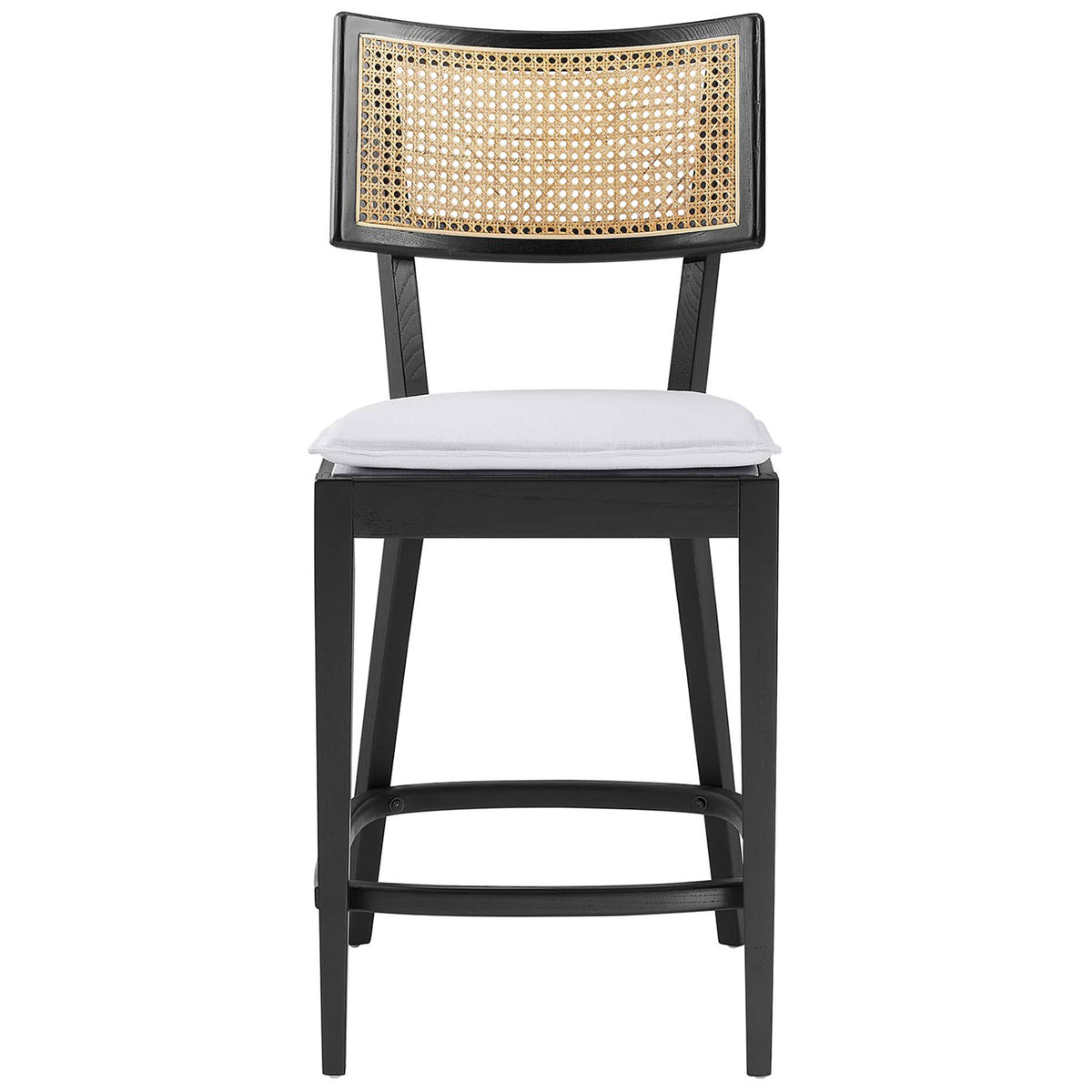 Black wood counter stool with curved rattan back, plush white cushion, and footrest || EEI-6821-BLK-WHI || front_studio
