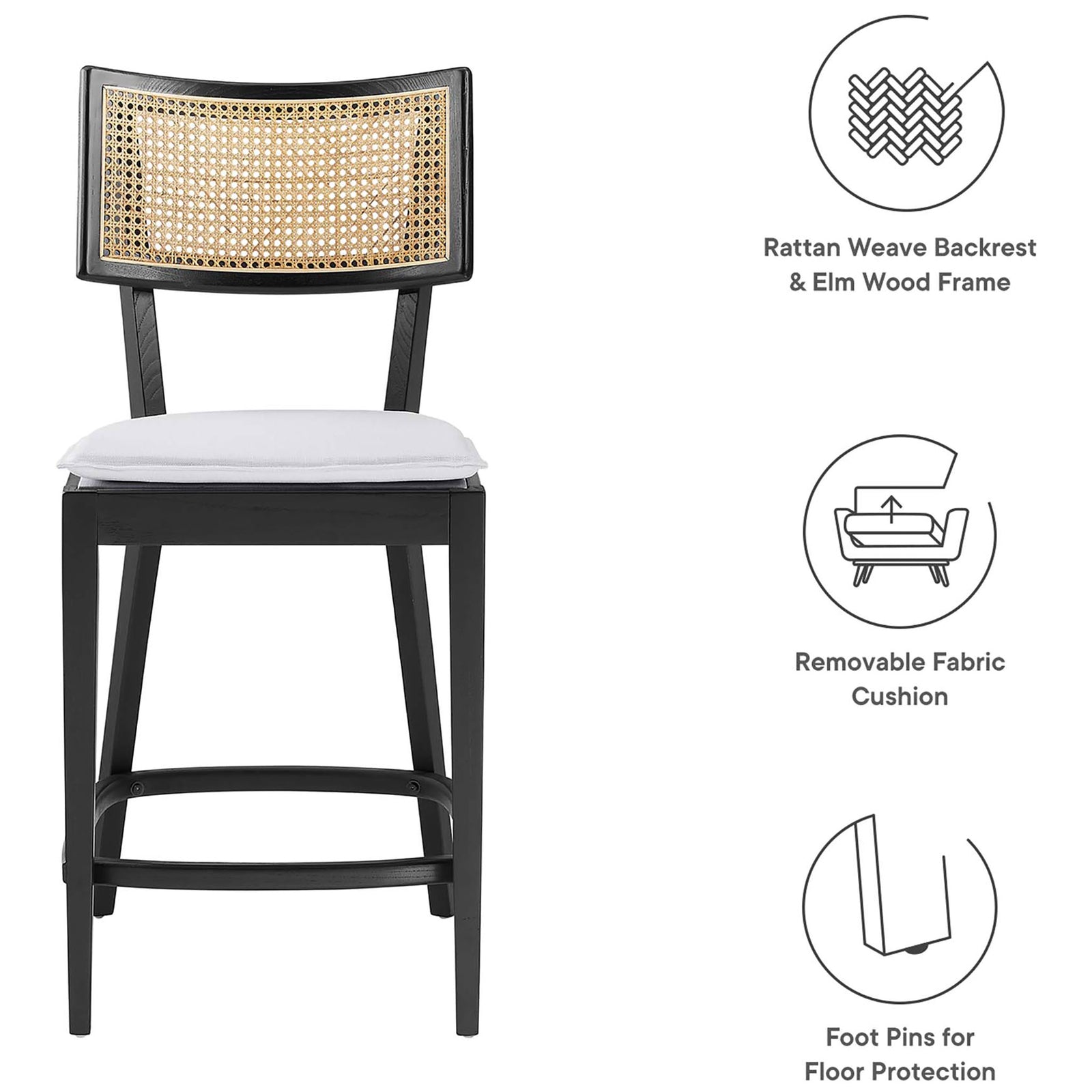 Durable elm wood build with removable fabric cushion for easy upkeep || EEI-6821-BLK-WHI || callout_studio