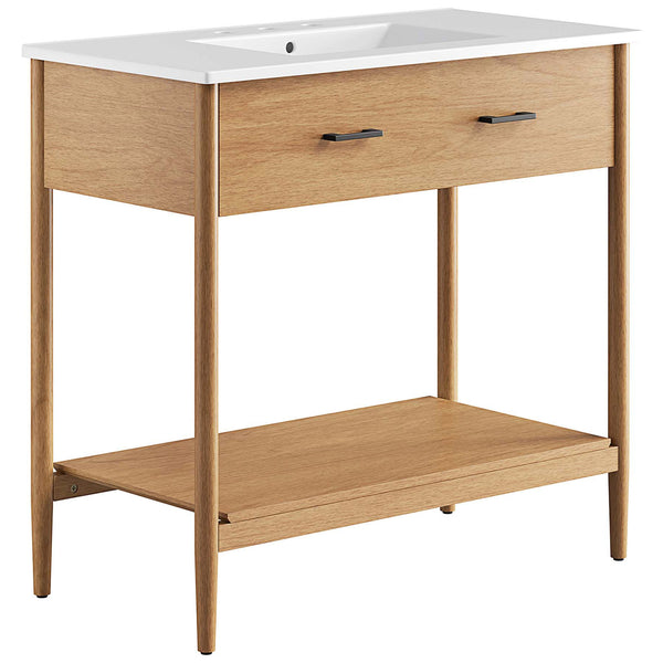Wider natural wood vanity with integrated white basin and dual black pulls. || EEI-6822-NAT-WHI || front_angle_studio