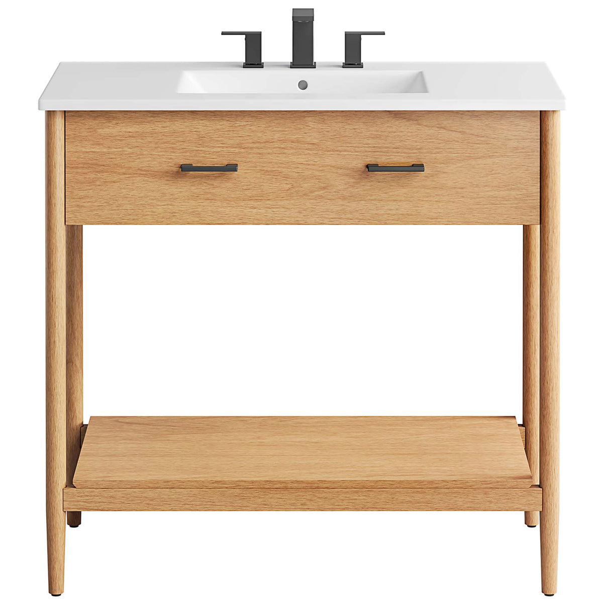 Modern vanity with a sleek integrated sink and matte black hardware. || EEI-6822-NAT-WHI || front_studio