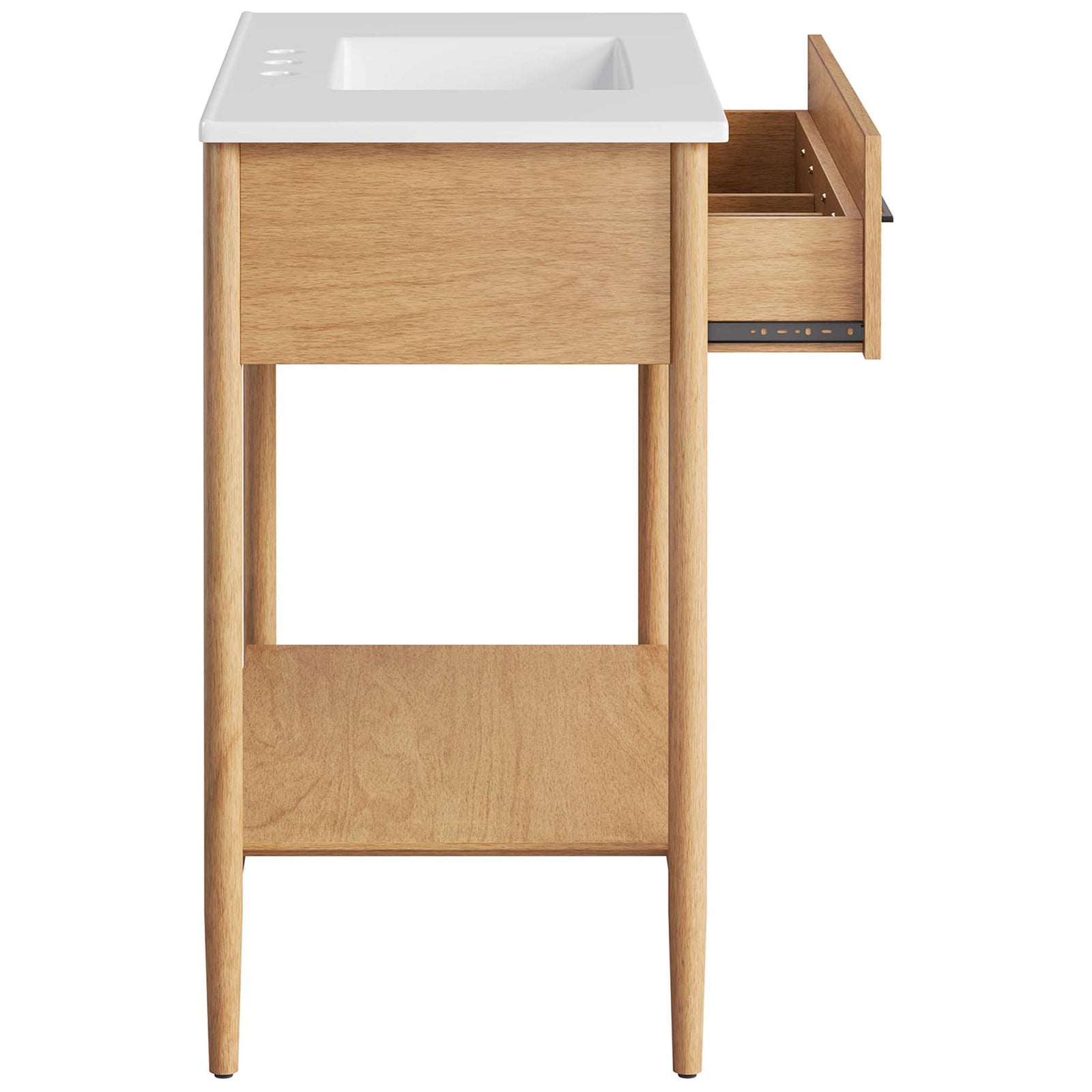 Full-extension drawer opens smoothly to organized compartments. || EEI-6822-NAT-WHI || side_open_studio