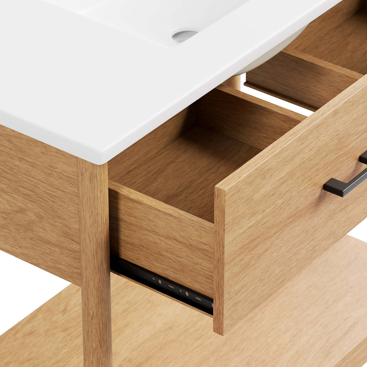 Drawer organizer detail and smooth metal glides under the ceramic top. || EEI-6822-NAT-WHI || detail_studio