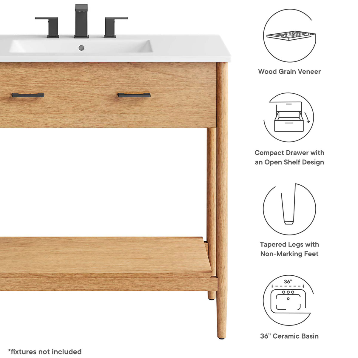 Feature callouts: wood veneer finish, compact drawer, open shelf, non-marking feet, 36-inch basin. || EEI-6822-NAT-WHI || callout_studio