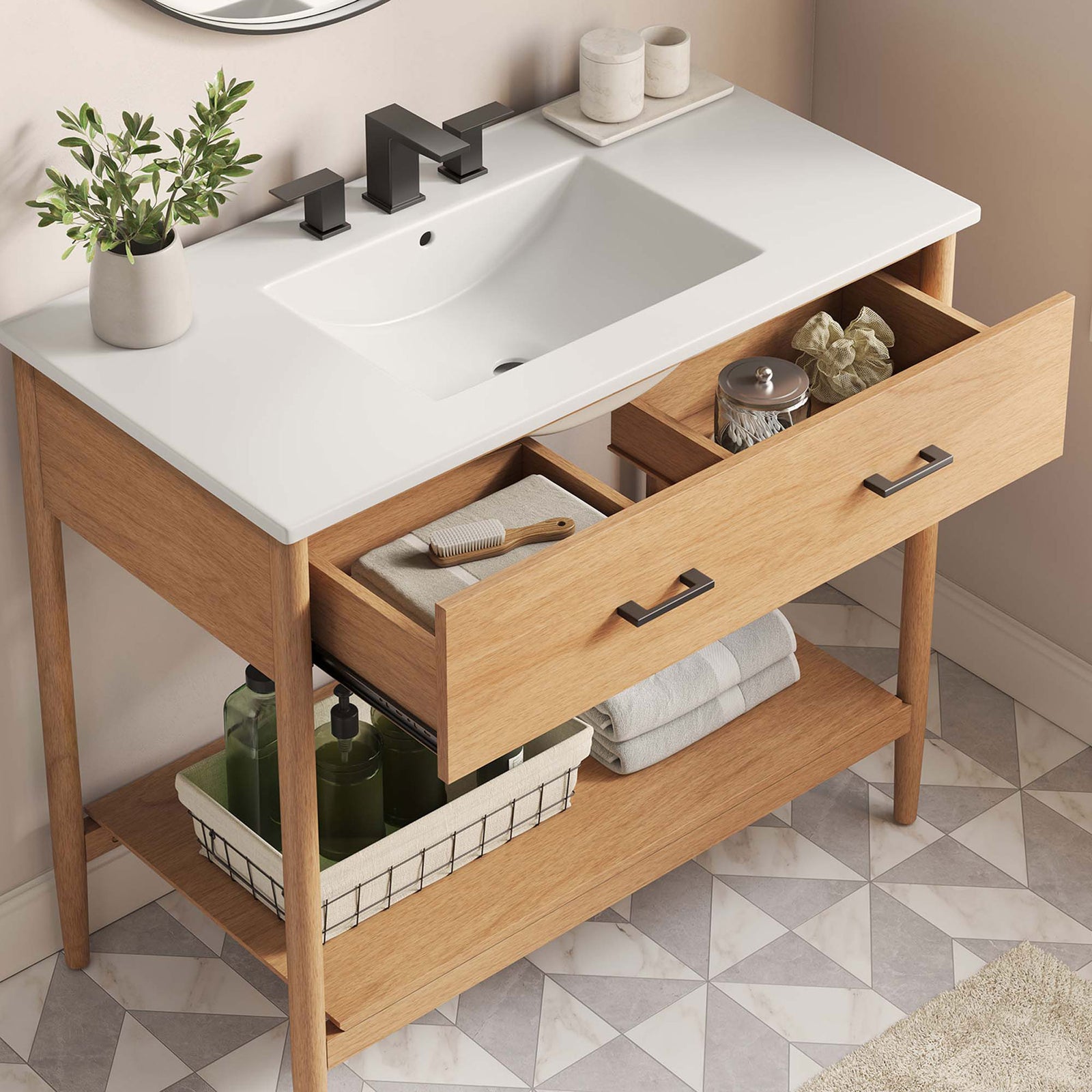 Expansive basin and counter space with neatly organized items on the lower shelf. || EEI-6822-NAT-WHI || top_room