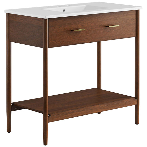 Wide walnut vanity with white ceramic basin, twin brass pulls, and an airy open shelf. || EEI-6822-WAL-WHI || front_angle_studio