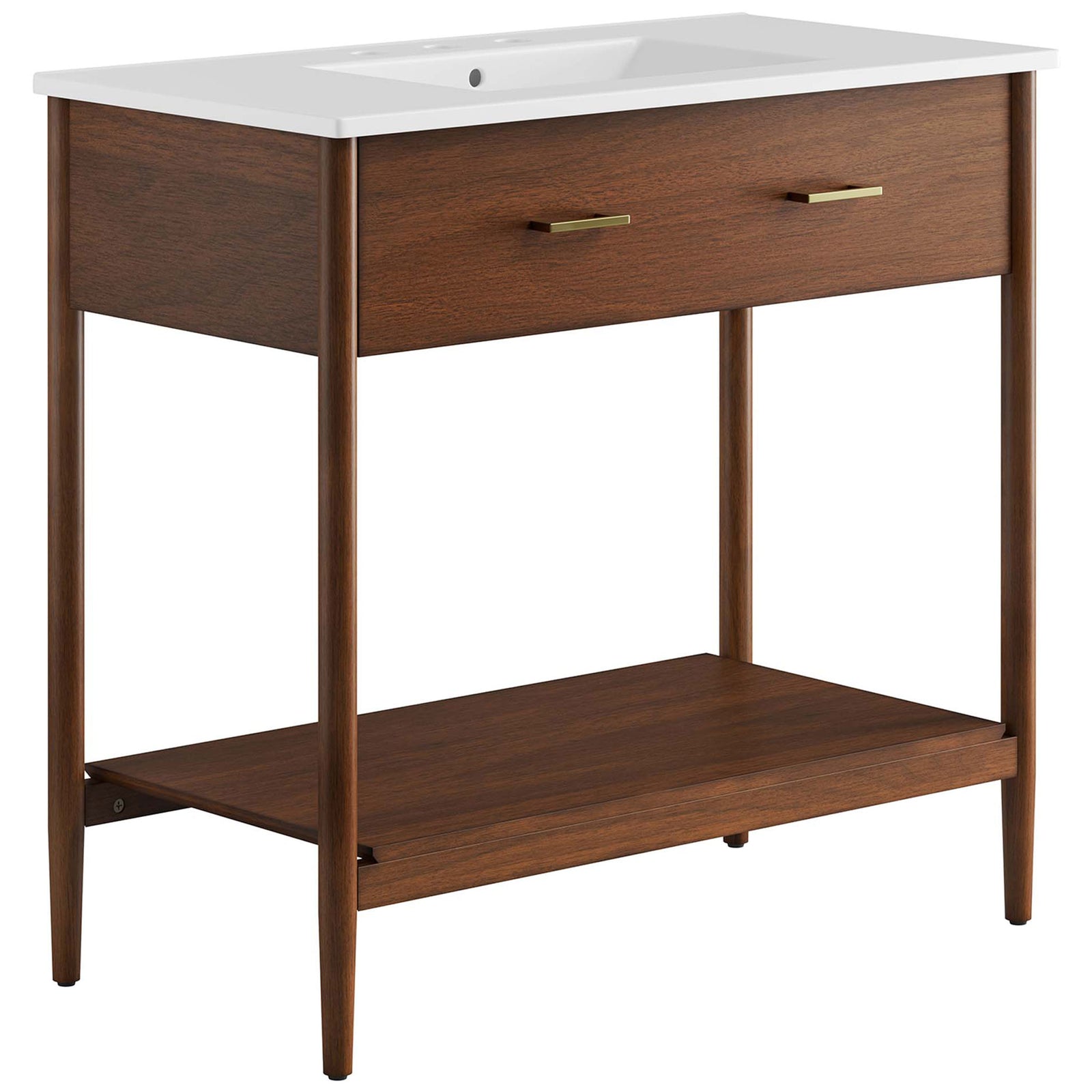 Wide walnut vanity with white ceramic basin, twin brass pulls, and an airy open shelf. || EEI-6822-WAL-WHI || front_angle_studio