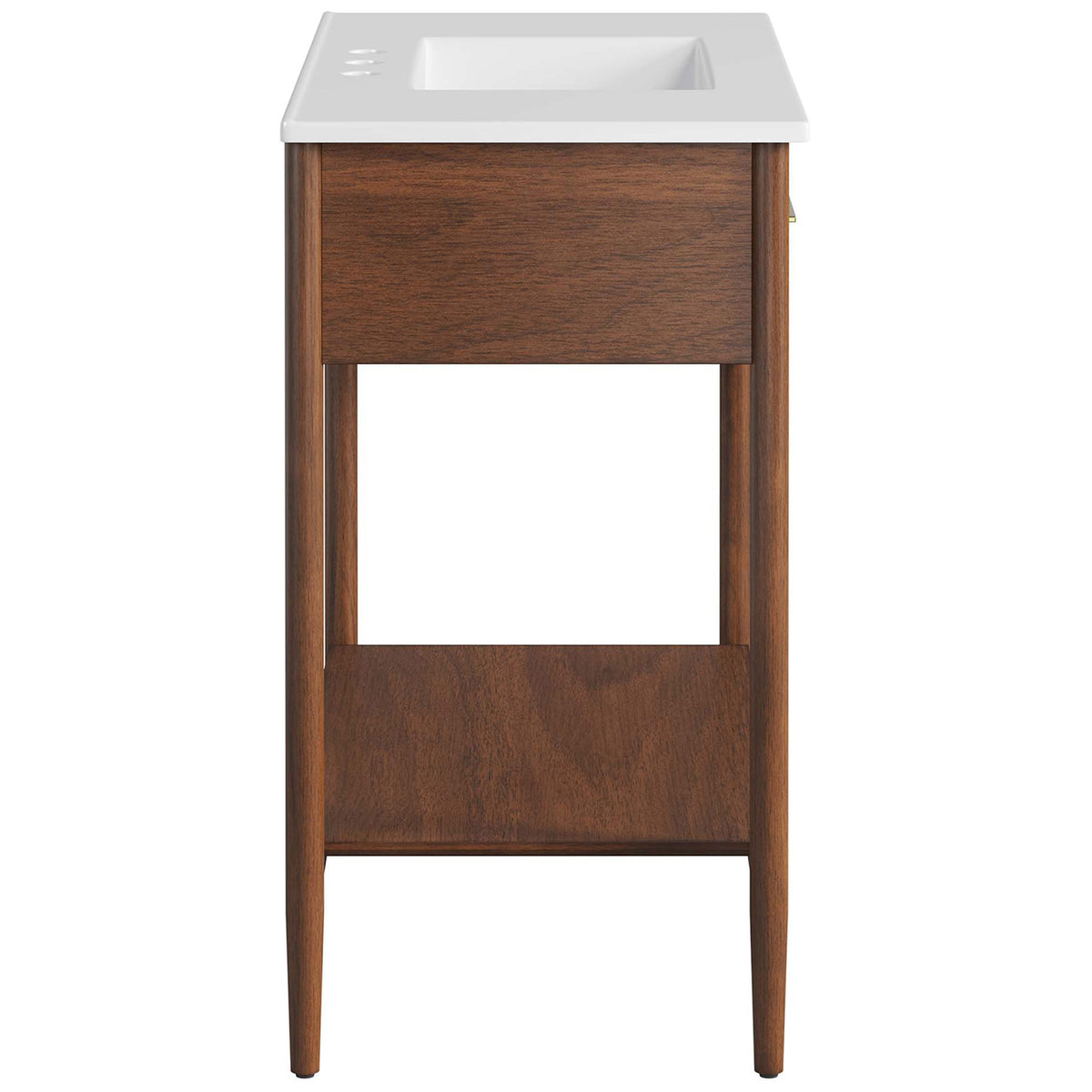 Slim silhouette highlights tapered legs, deep drawer, and integrated sink. || EEI-6822-WAL-WHI || side_studio