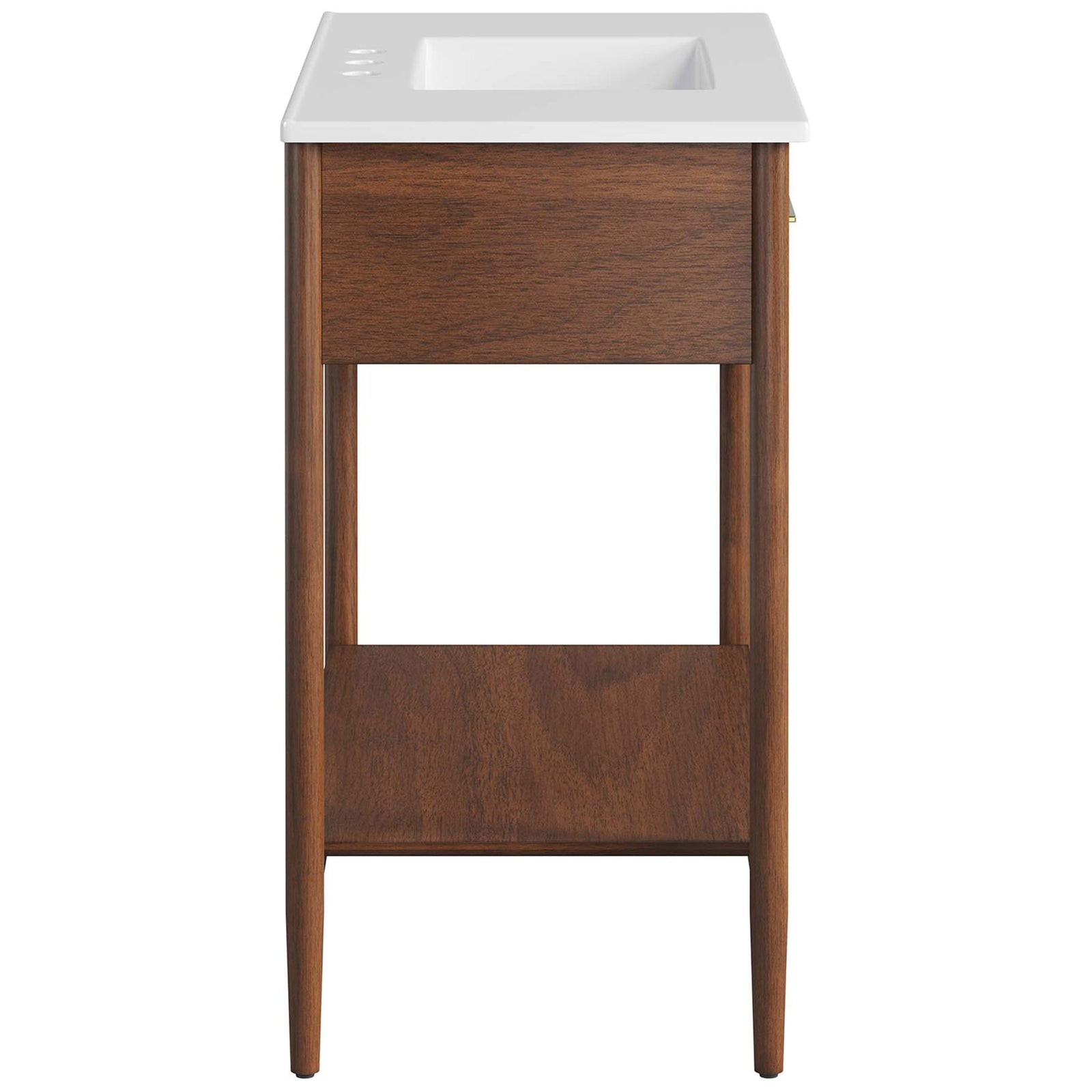 Slim silhouette highlights tapered legs, deep drawer, and integrated sink. || EEI-6822-WAL-WHI || side_studio