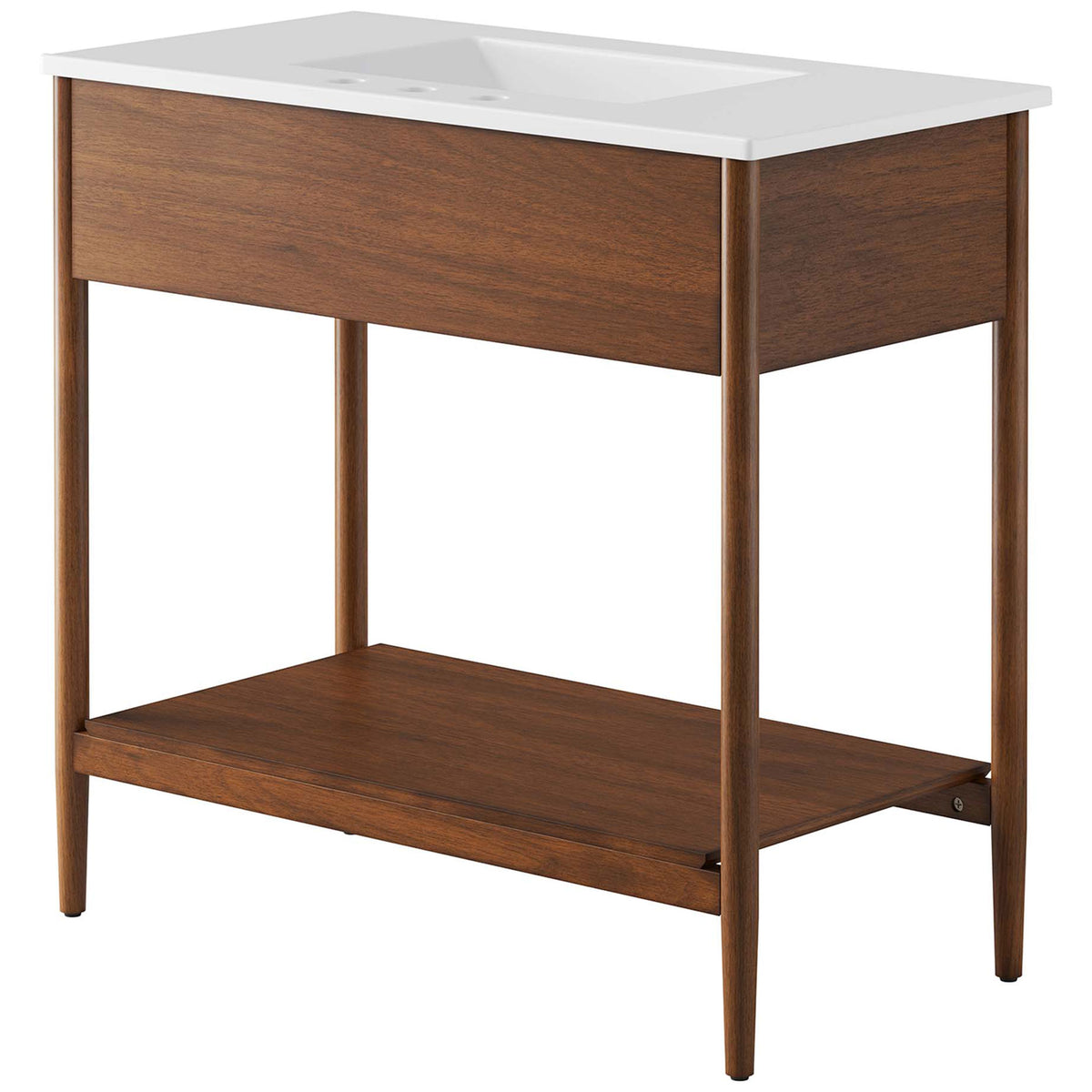 Streamlined cabinet with smooth panels and sturdy shelf supports beneath the crisp top. || EEI-6822-WAL-WHI || back_angle_studio