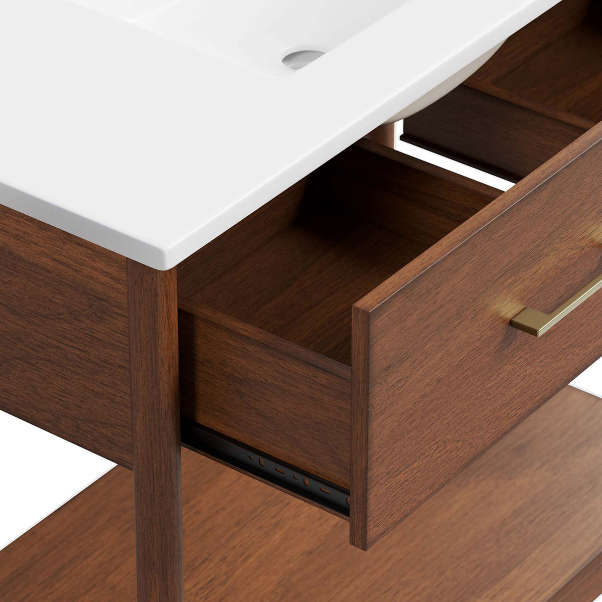 Close-up of divided drawer with brass pull beneath the glossy ceramic basin. || EEI-6822-WAL-WHI || detail_studio