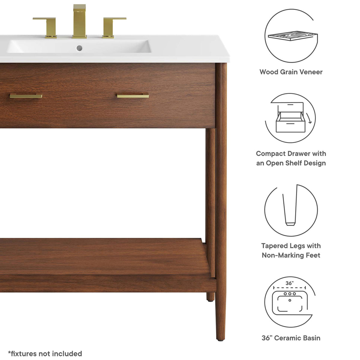 Feature highlights: wood grain veneer, compact drawer with open shelf, tapered legs, 36 inch ceramic basin. || EEI-6822-WAL-WHI || callout_studio