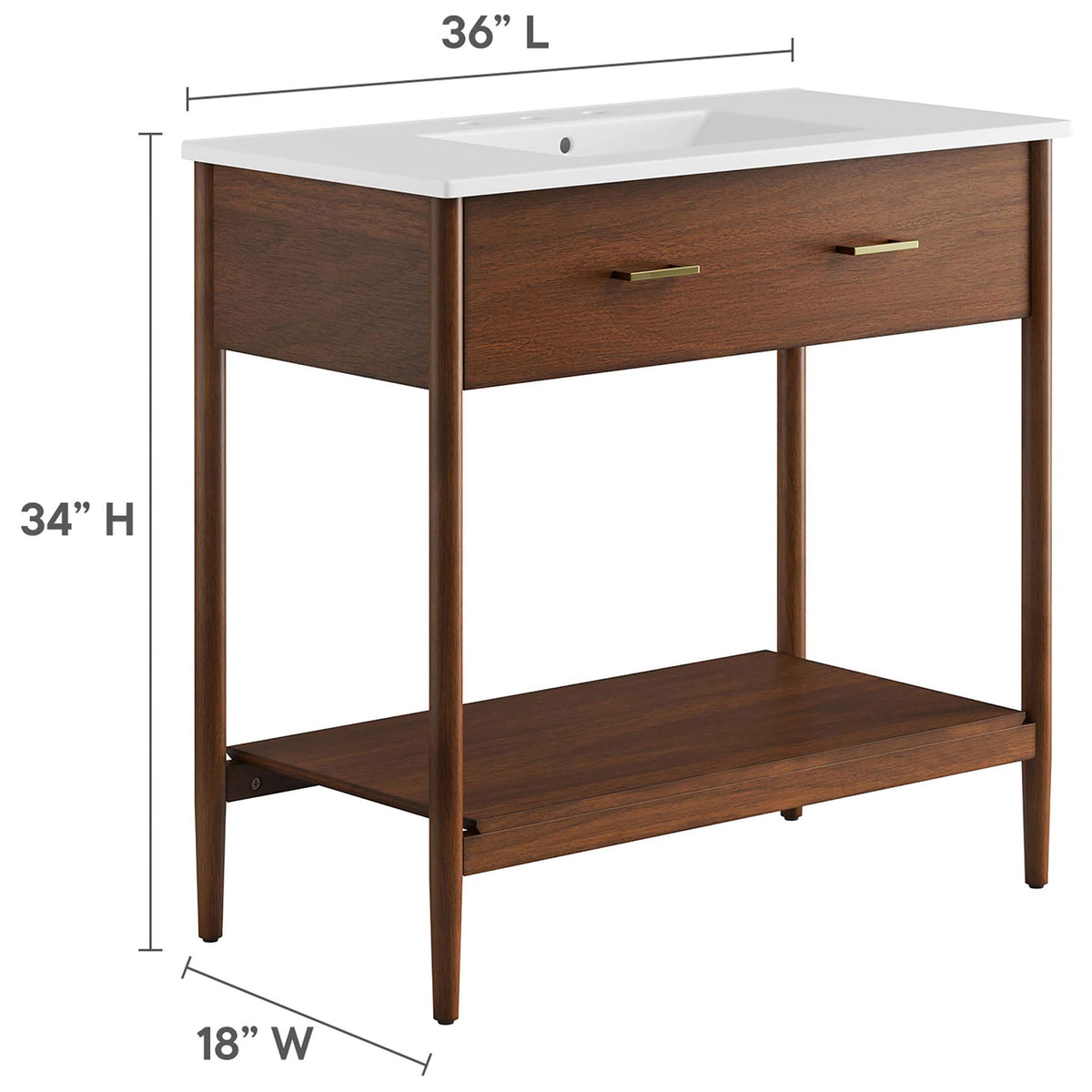 Dimensions for 36 inch vanity: 36 in L x 18 in W x 34 in H. || EEI-6822-WAL-WHI || dimension_studio