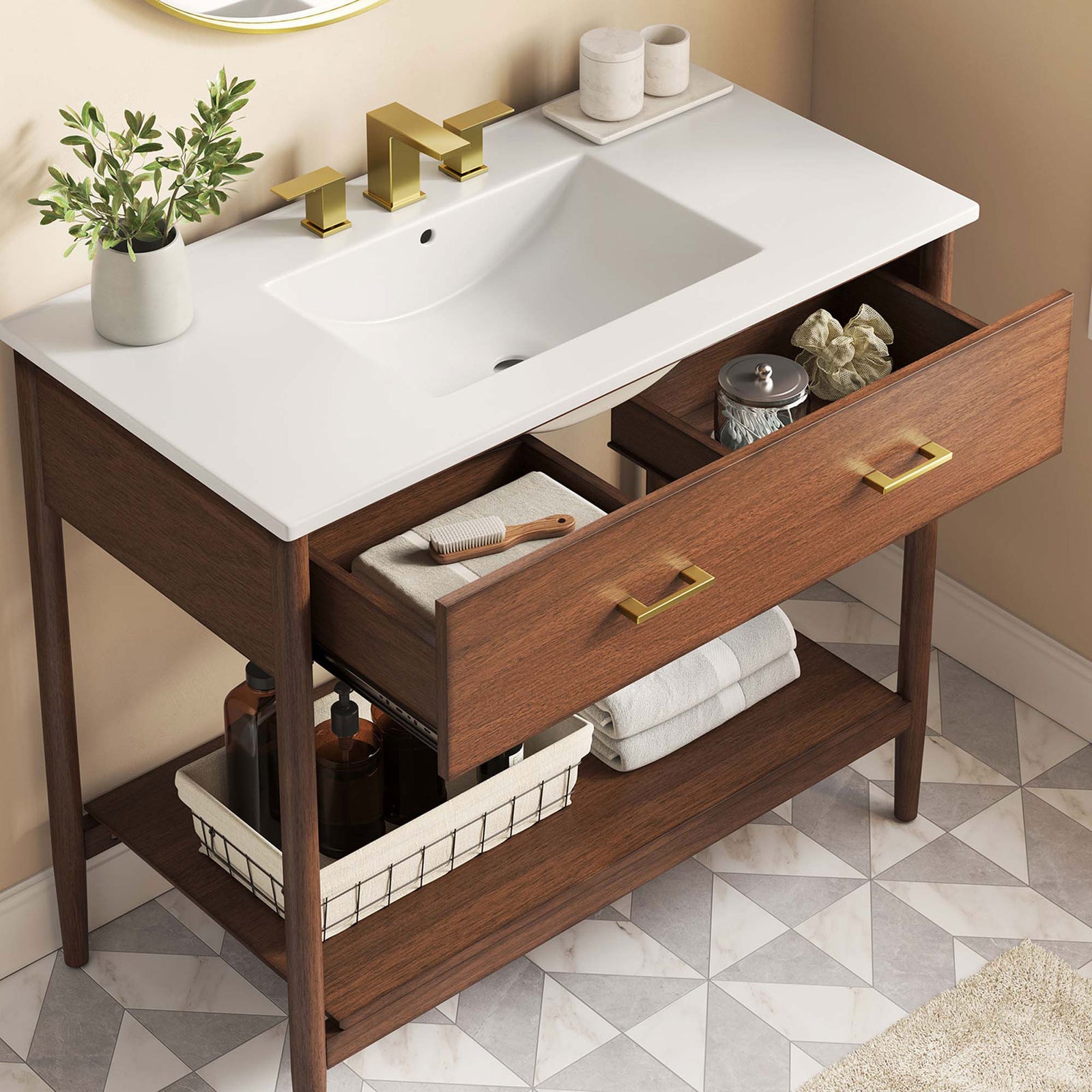 Organized drawer compartments and roomy lower shelf simplify morning routines. || EEI-6822-WAL-WHI || storage_open_room