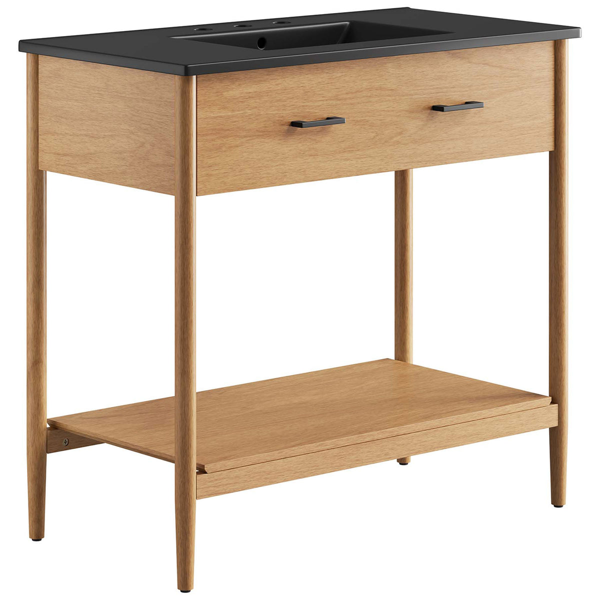 36 inch natural wood vanity with black ceramic basin, sleek pulls, and an airy open shelf || EEI-6823-NAT-BLK || front_angle_studio