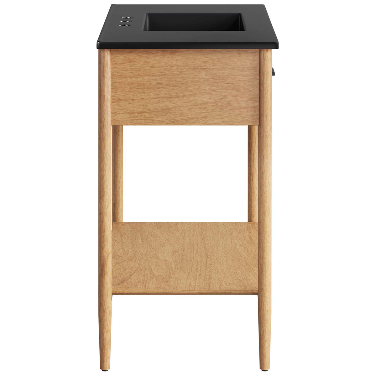 Slim side profile showcases tapered legs, full-width drawer, and bottom shelf || EEI-6823-NAT-BLK || side_studio