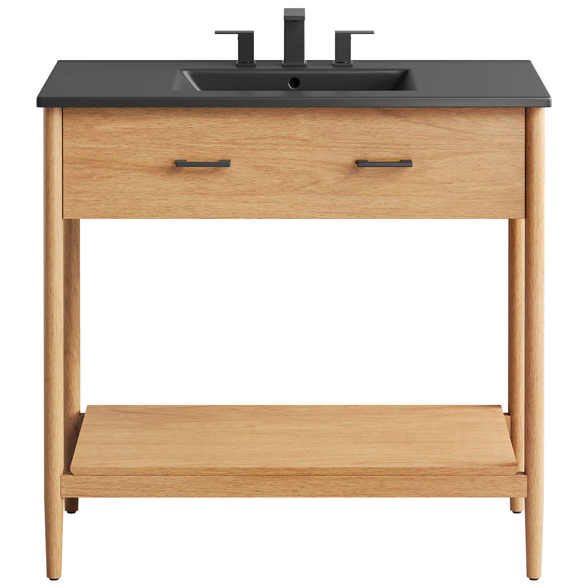 Modern 36 inch vanity with black sink top, metal handles, and streamlined storage || EEI-6823-NAT-BLK || front_studio