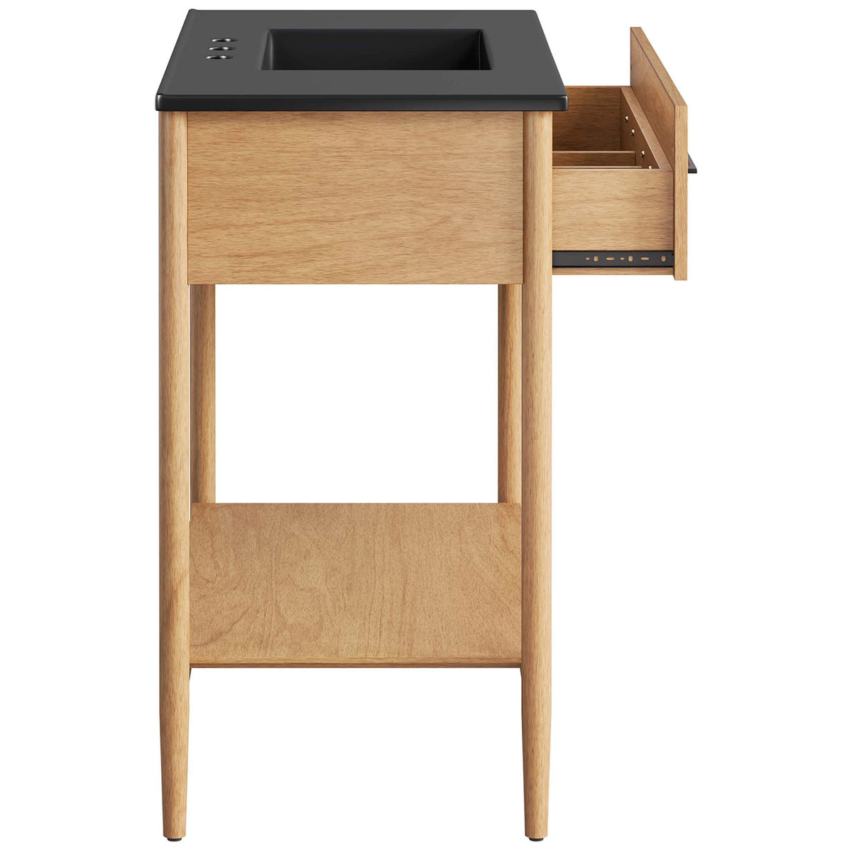 Divided full-extension drawer opens for easy access to bath essentials || EEI-6823-NAT-BLK || side_open_studio