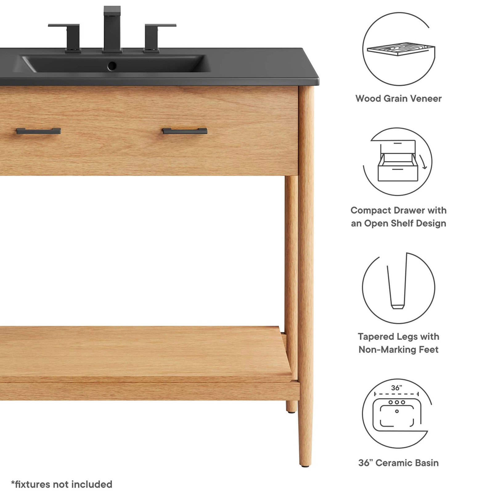 Highlights: wood grain veneer, compact drawer, tapered legs, and 36 inch ceramic basin || EEI-6823-NAT-BLK || callout_studio