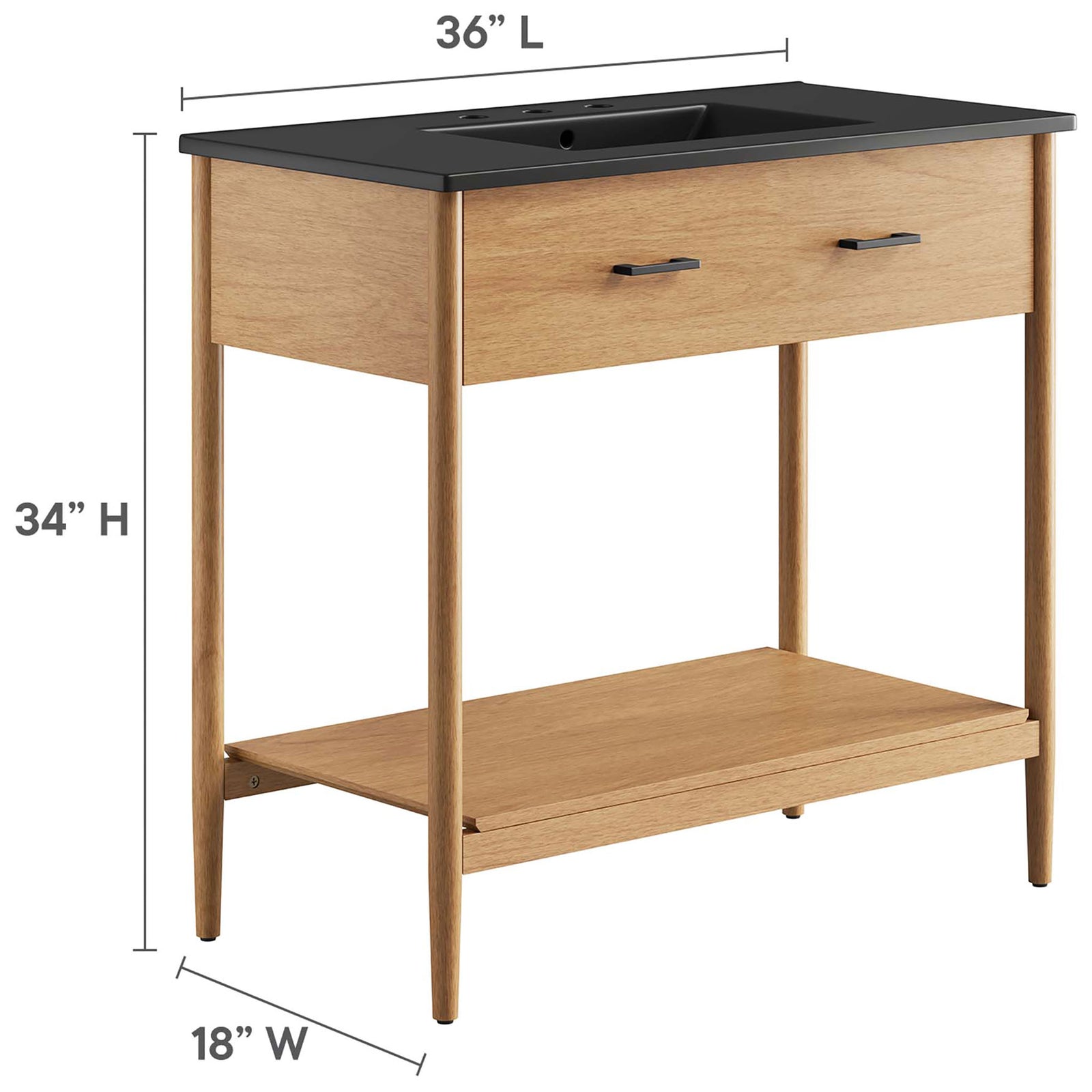 36 inch vanity dimensions labeled for height, width, and depth with integrated basin || EEI-6823-NAT-BLK || dimension_studio