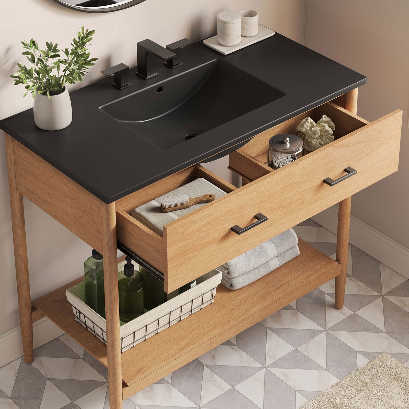 Open drawers show organized storage with black sink and warm wood in a styled bathroom || EEI-6823-NAT-BLK || top_angle_open_room