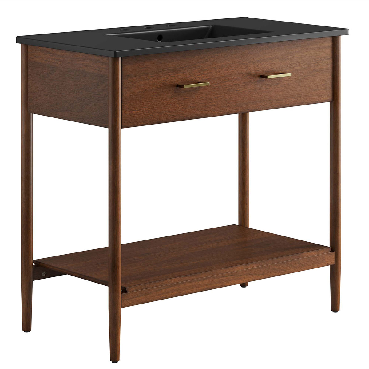 Walnut vanity with expansive black ceramic basin, brass pulls, and an airy open shelf || EEI-6823-WAL-BLK || front_angle_studio