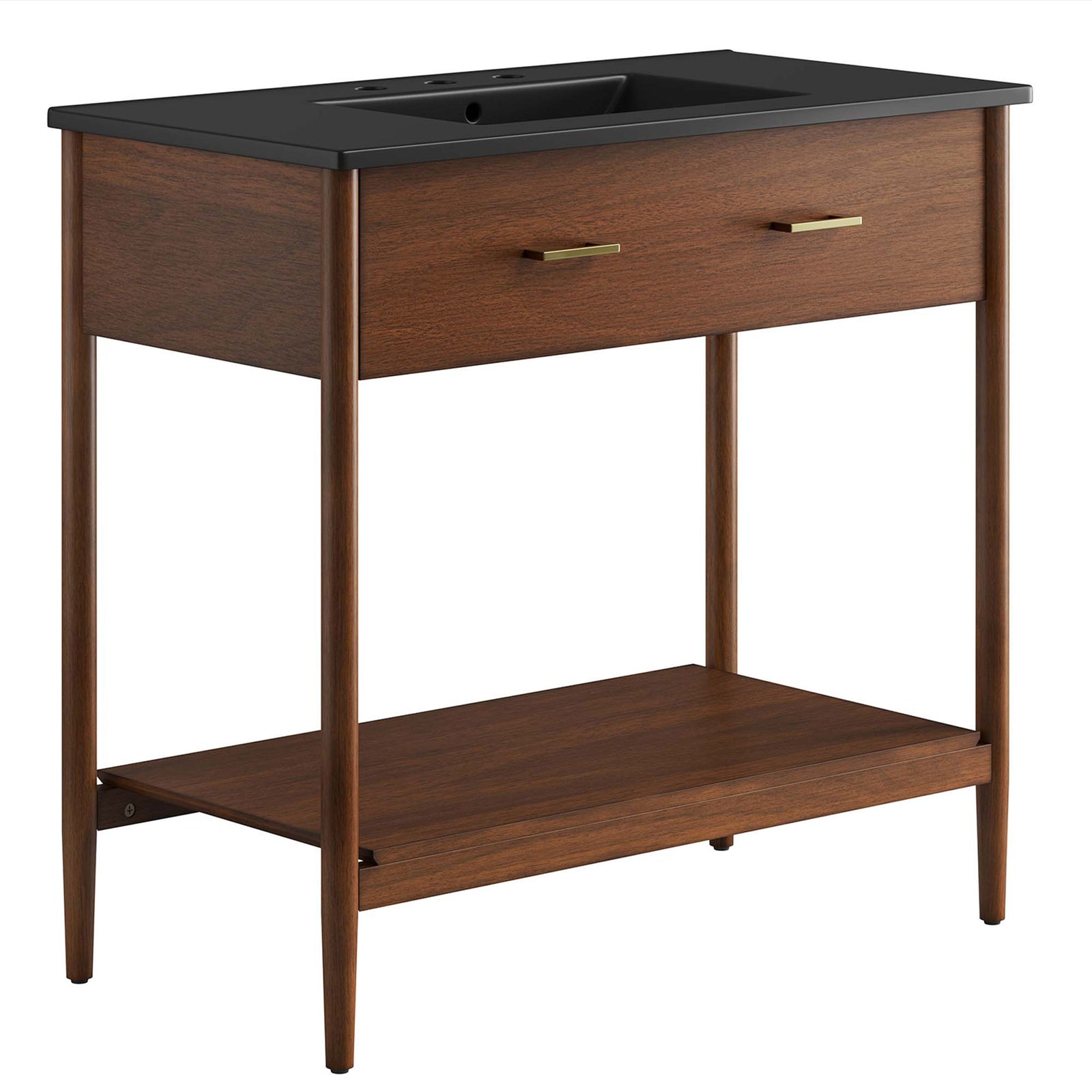 Walnut vanity with expansive black ceramic basin, brass pulls, and an airy open shelf || EEI-6823-WAL-BLK || front_angle_studio