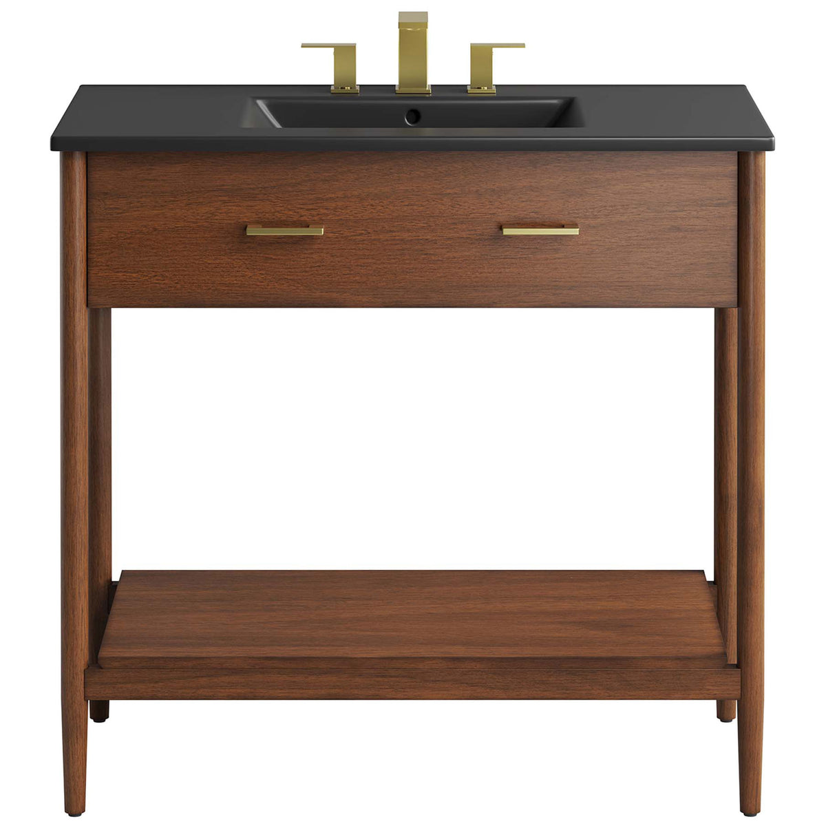Integrated black countertop and basin pair beautifully with the walnut cabinet || EEI-6823-WAL-BLK || front_studio