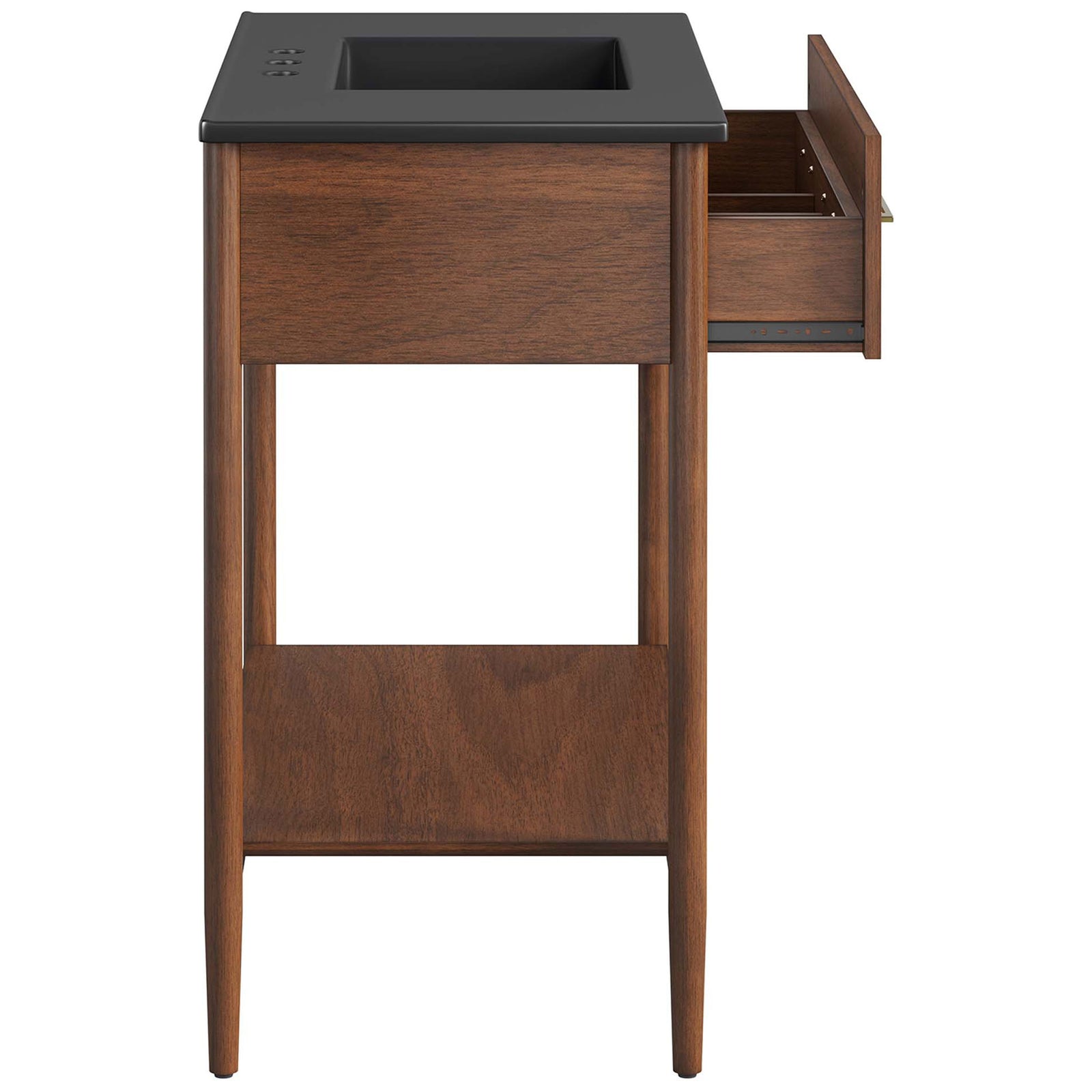 Spacious drawer with divided storage glides smoothly for everyday convenience || EEI-6823-WAL-BLK || side_open_studio
