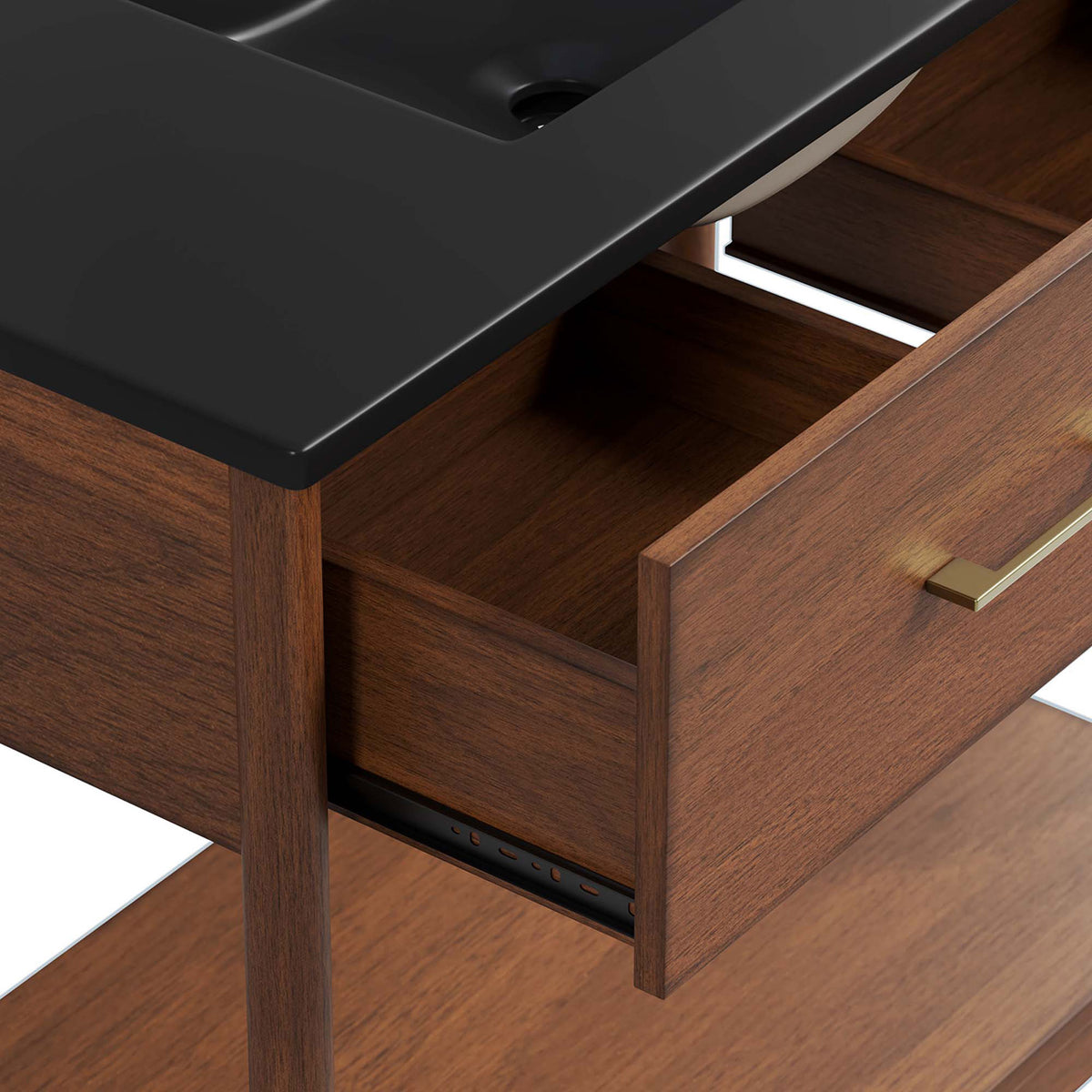 Divided drawer detail shows generous compartments beneath the basin || EEI-6823-WAL-BLK || storage_open_studio