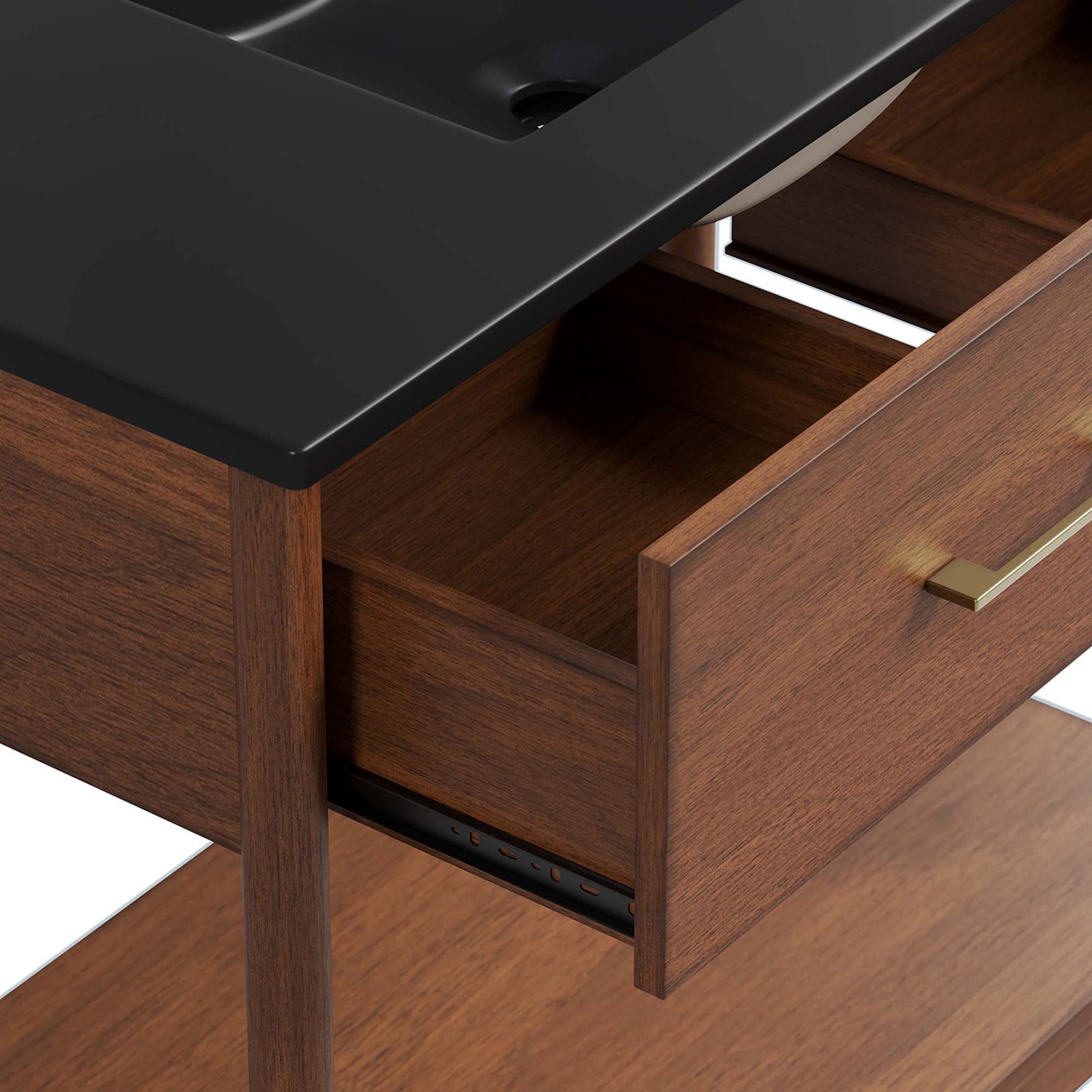 Divided drawer detail shows generous compartments beneath the basin || EEI-6823-WAL-BLK || storage_open_studio