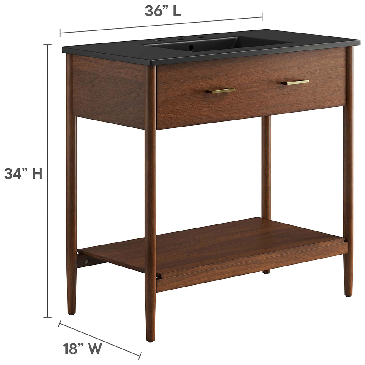 Sized at 36 in. W x 18 in. D x 34 in. H for versatile bathroom layouts || EEI-6823-WAL-BLK || dimension_studio