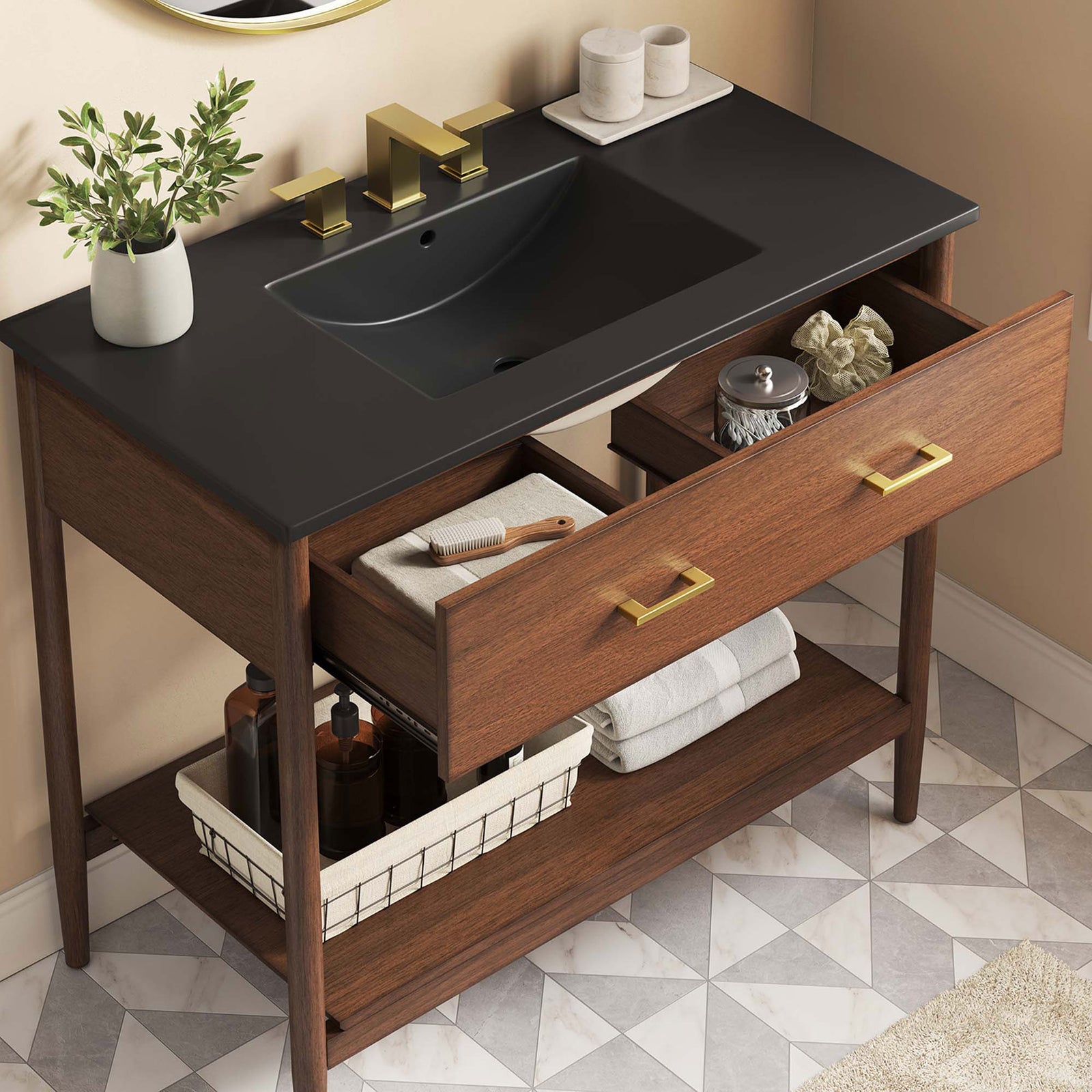 Open drawer keeps essentials within reach while the wide shelf holds towels and bins || EEI-6823-WAL-BLK || top_angle_open_room