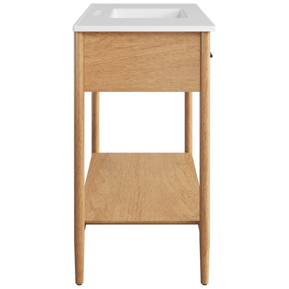 Slim-profile vanity with tapered legs, open shelf, warm natural wood, and a sleek white top. || EEI-6824-NAT-WHI || side_studio