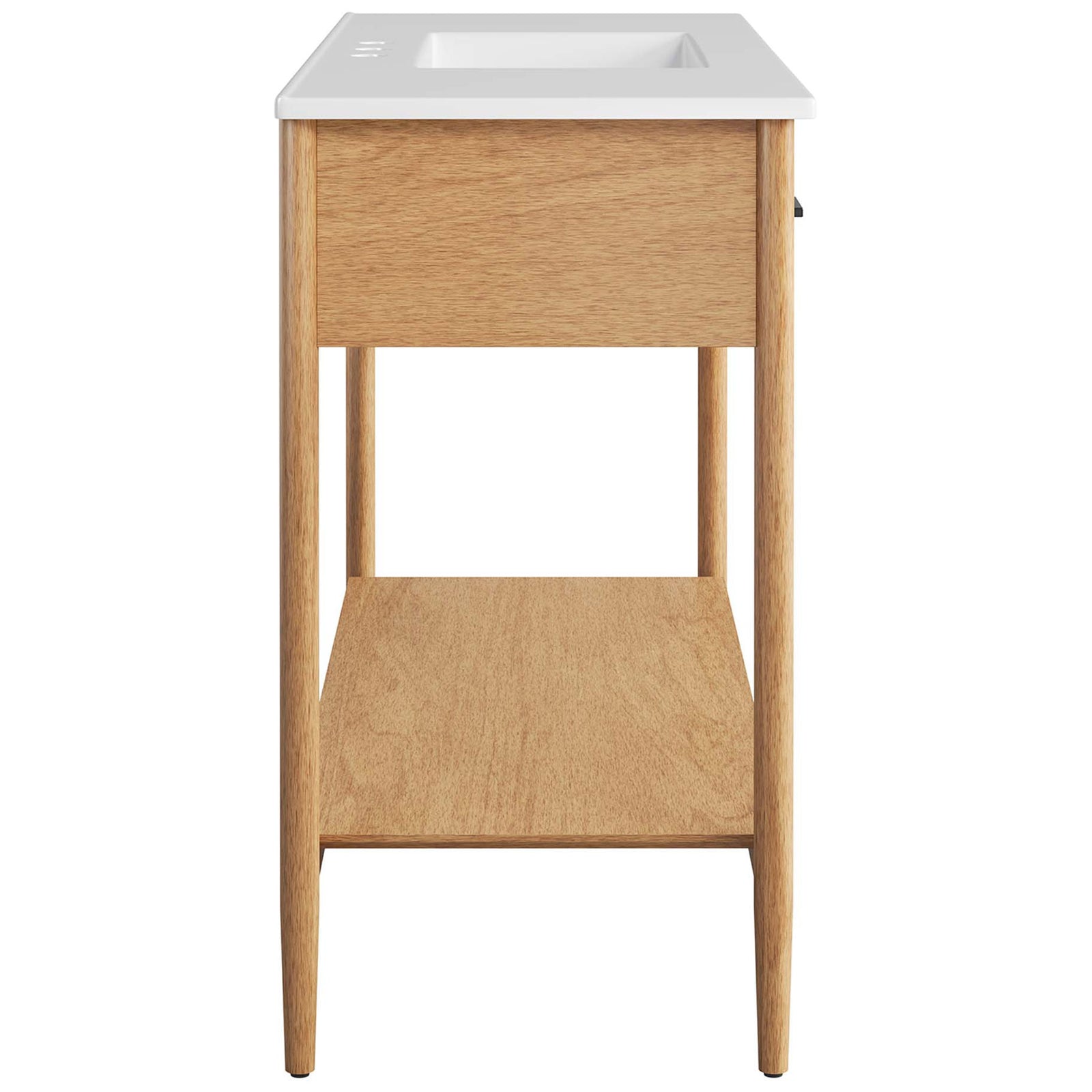 Slim-profile vanity with tapered legs, open shelf, warm natural wood, and a sleek white top. || EEI-6824-NAT-WHI || side_studio