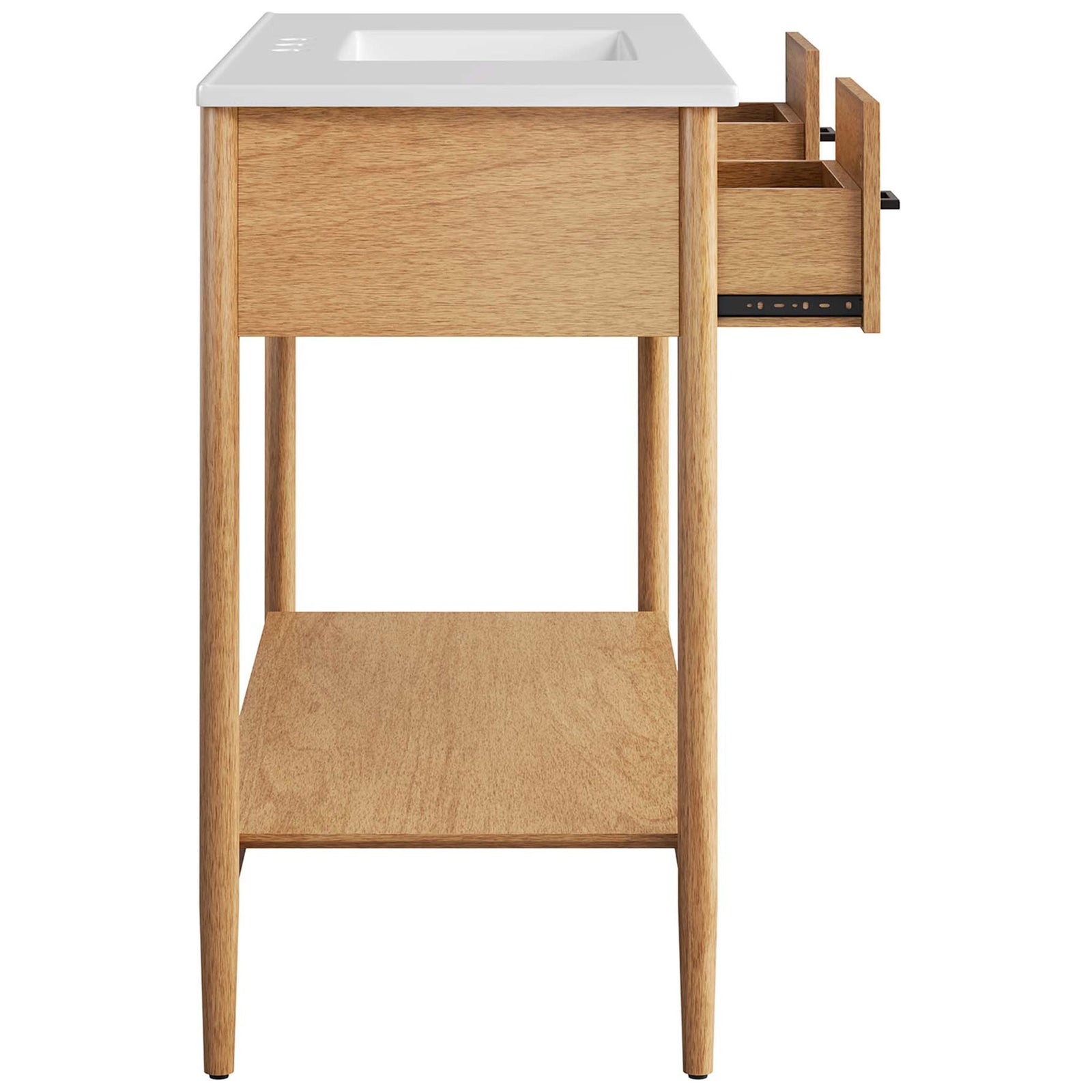 Side drawer glides to reveal convenient storage beside the airy open shelf and tapered legs. || EEI-6824-NAT-WHI || side_open_studio