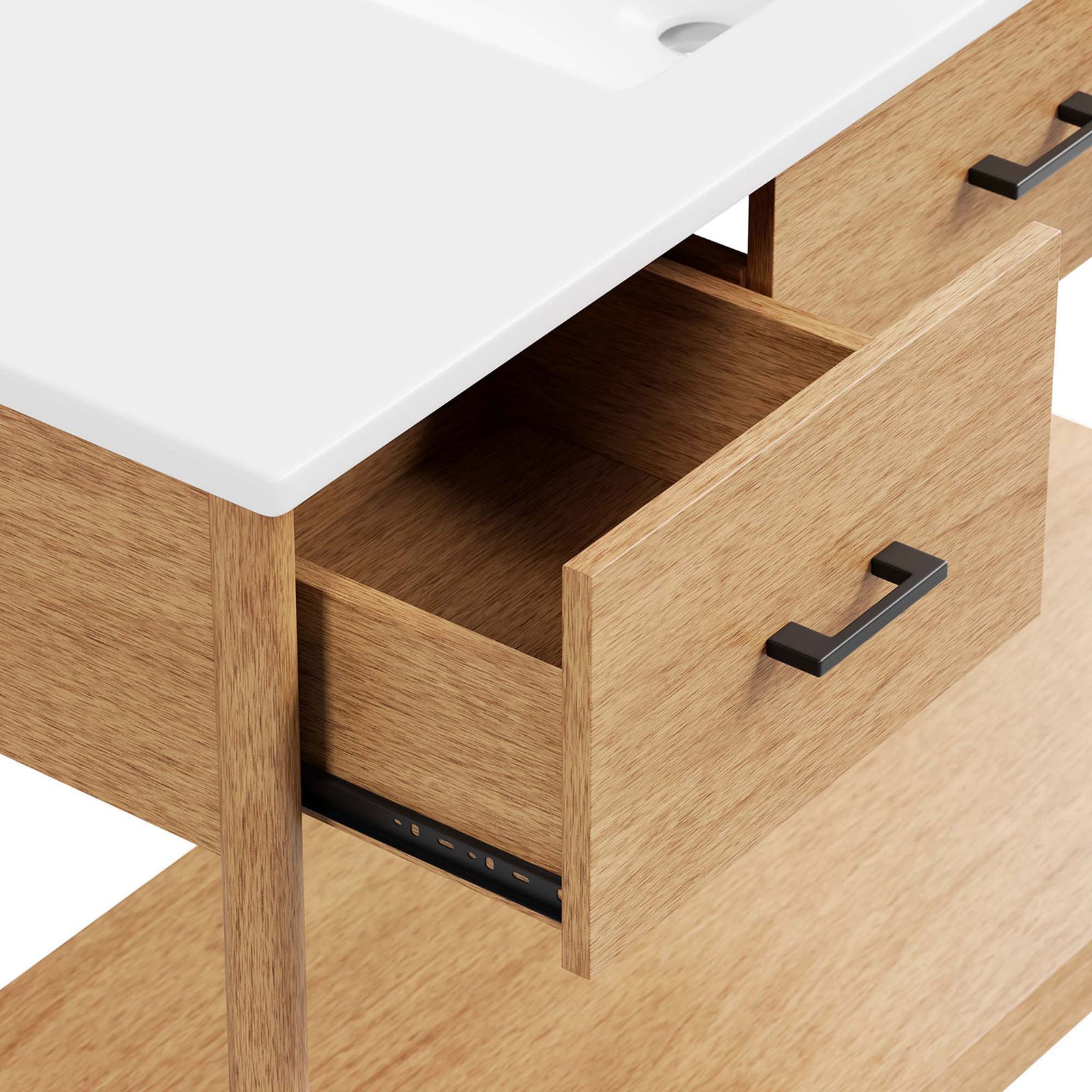 Deep side drawer detail with metal pull and smooth glide beside the crisp, integrated sink. || EEI-6824-NAT-WHI || storage_studio