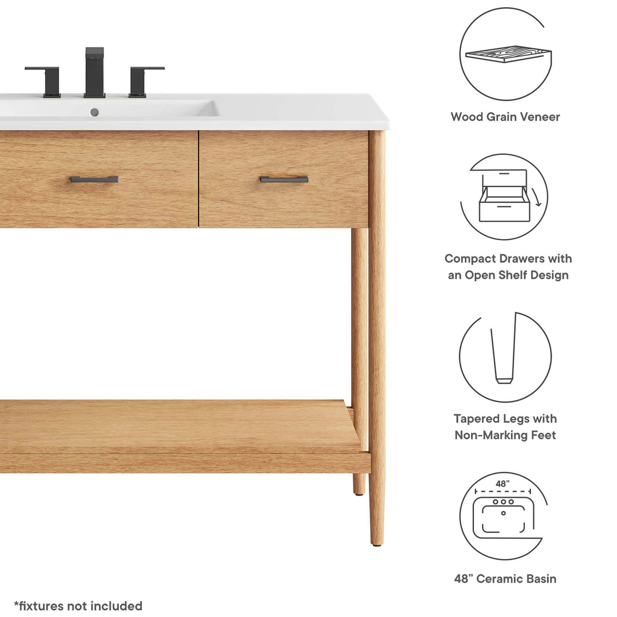 Key features: wood grain veneer, compact drawers with open shelf, tapered legs, and 48-inch ceramic basin. || EEI-6824-NAT-WHI || callout_studio