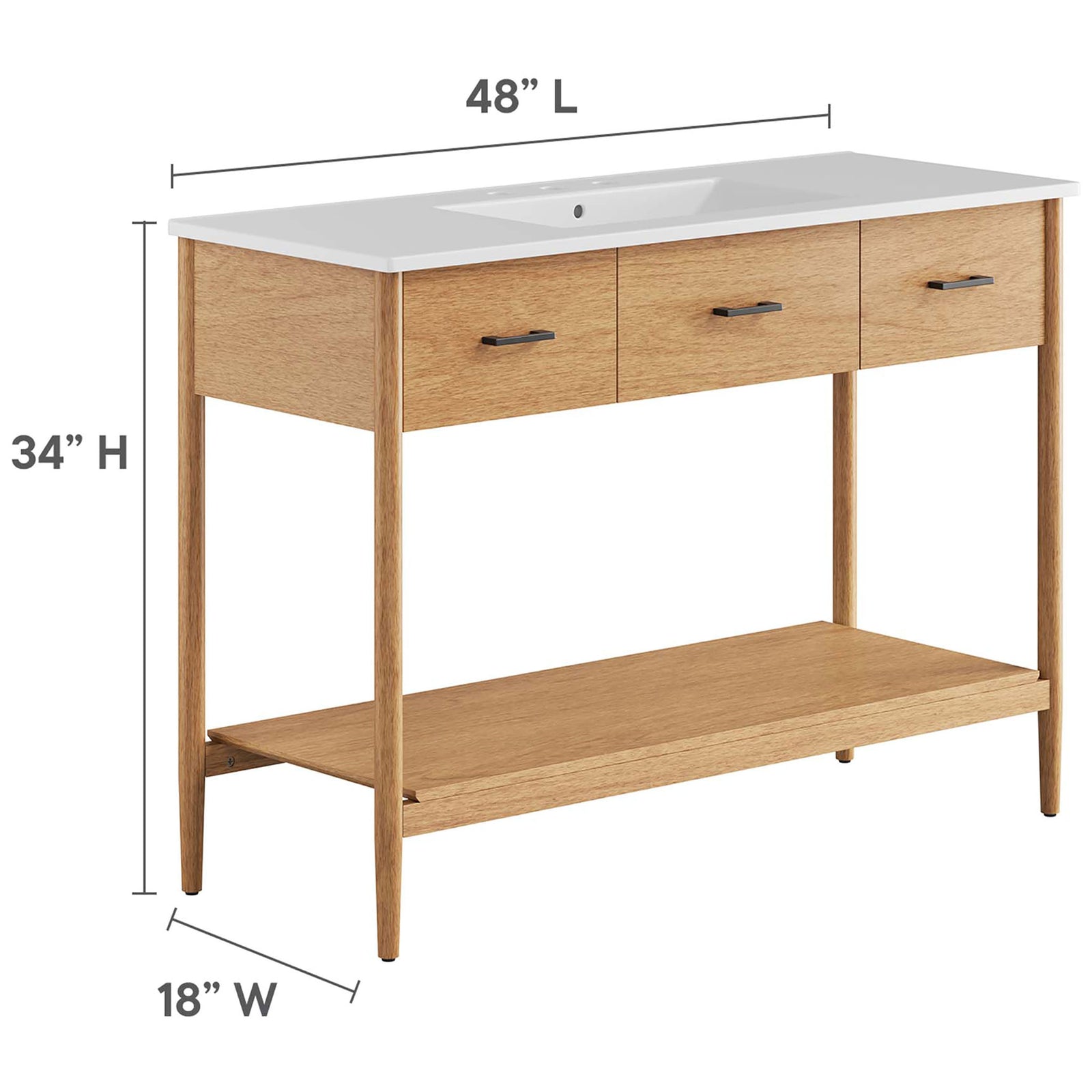 Zaire 48-inch vanity dimensions: 48 L x 18 W x 34 H inches for versatile bathroom placement. || EEI-6824-NAT-WHI || dimension_studio