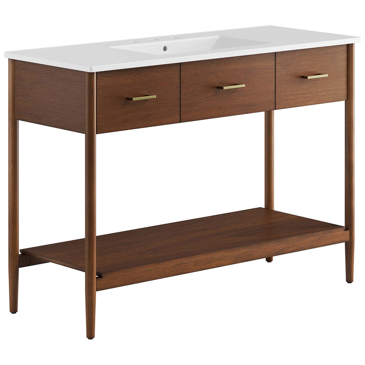 Walnut vanity with integrated white basin, brass pulls, tapered legs, and an open shelf for airy storage || EEI-6824-WAL-WHI || front_angle_studio