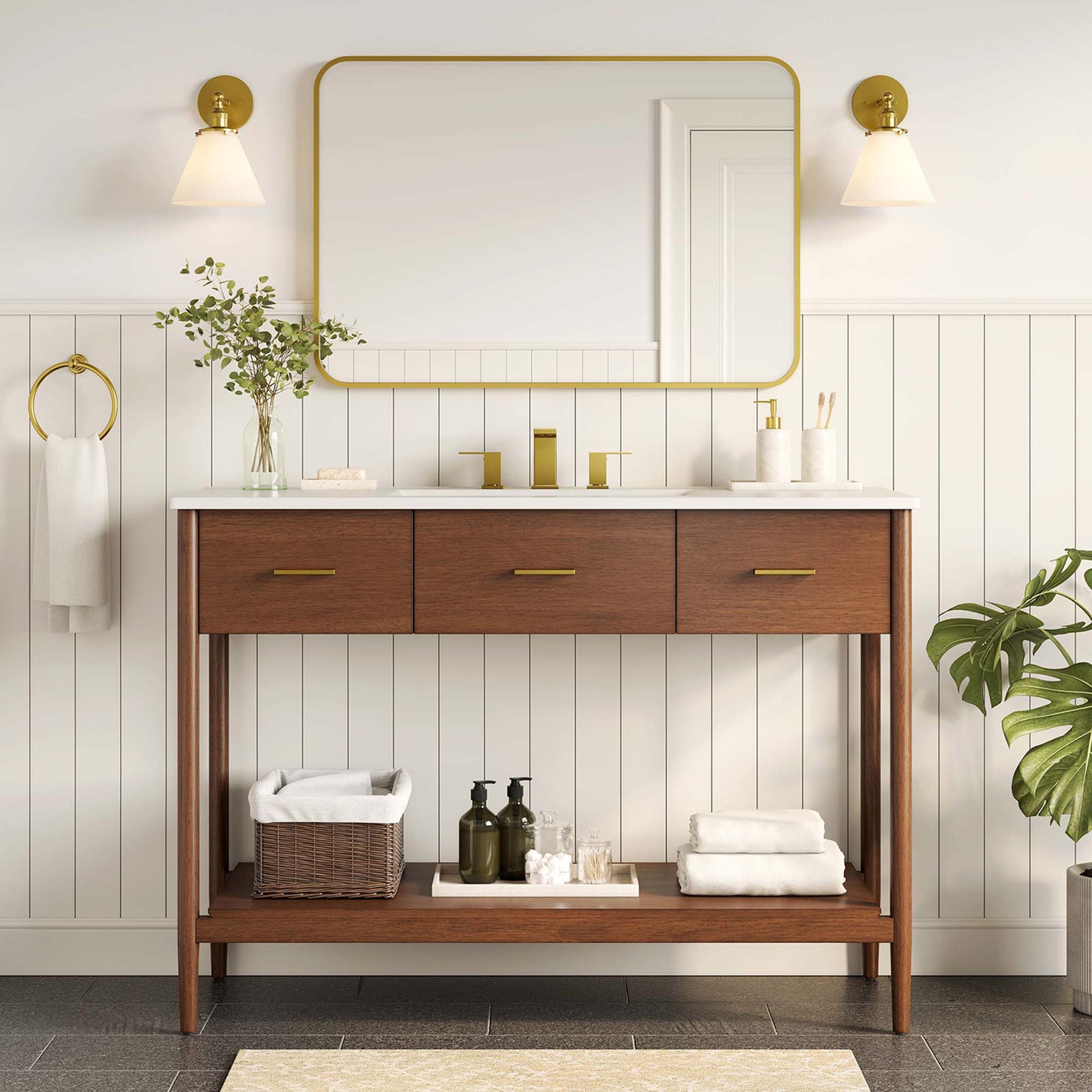 Modern walnut vanity anchors the bath with warm wood tones, brass accents, and a bright white countertop || EEI-6824-WAL-WHI || front_room